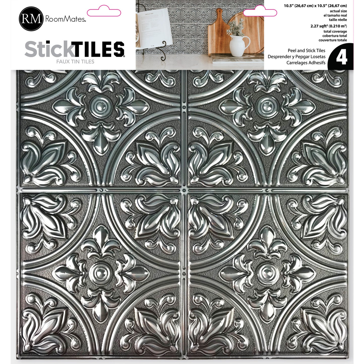 York Wallcoverings RoomMates Tin Silver Peel and Stick Tile Backsplash Industrial Graphics Metallics Wallpaper - TIL4624FLT