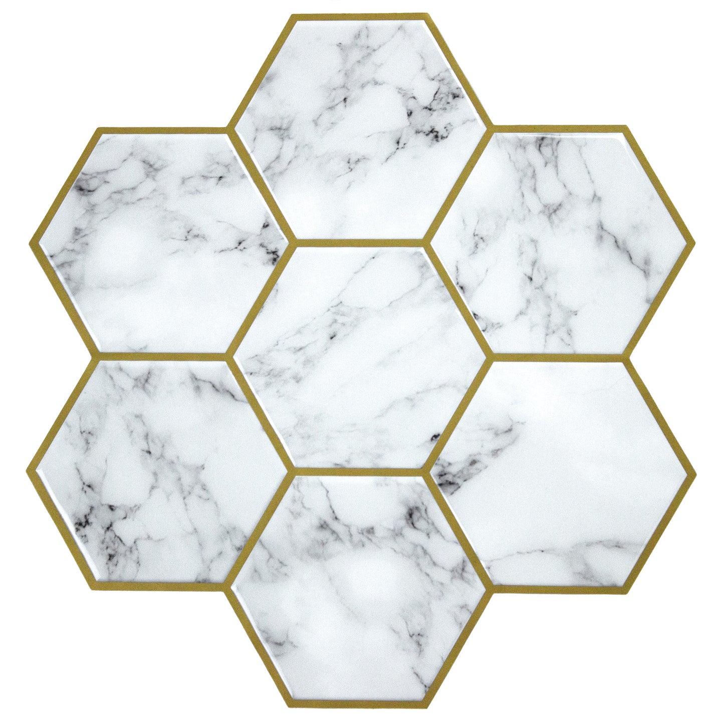 White hexagon wallpaper with marble look and gold trim; gray veining; large hexagon pattern for feature walls.