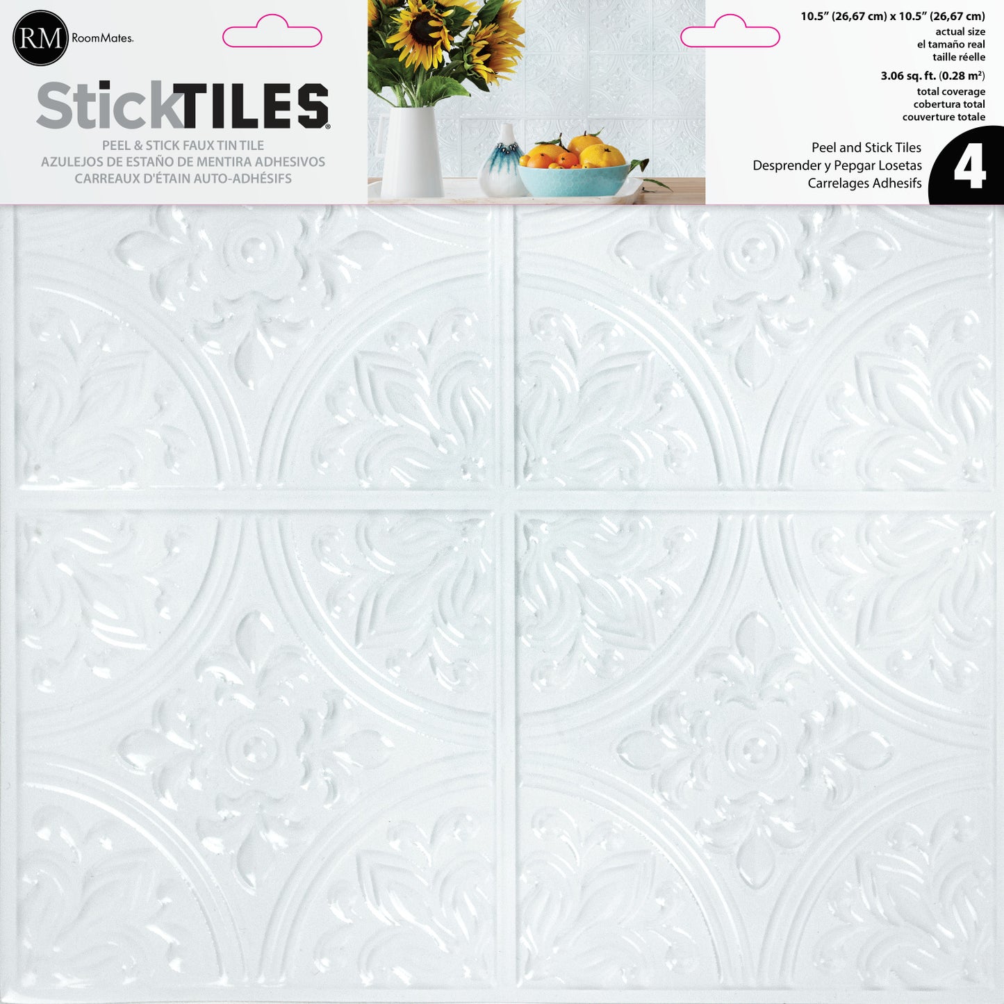 York Wallcoverings RoomMates Bright White Tin Tile Peel and Stick Backsplash Industrial Graphics Whites and Off-Whites Wallpaper - TIL5014FLT