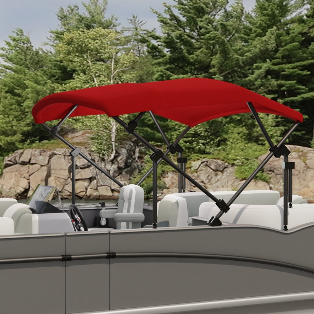 Red solid fabric for a boat canopy on a gray pontoon boat with a black foldable frame and white seating, lakeside backdrop.