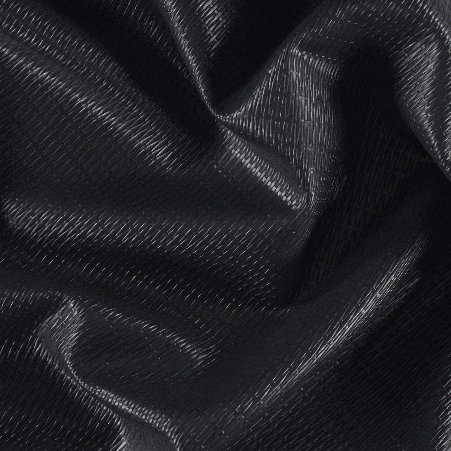 Black basketweave vinyl vegan leather fabric with a woven texture and subtle glossy finish.