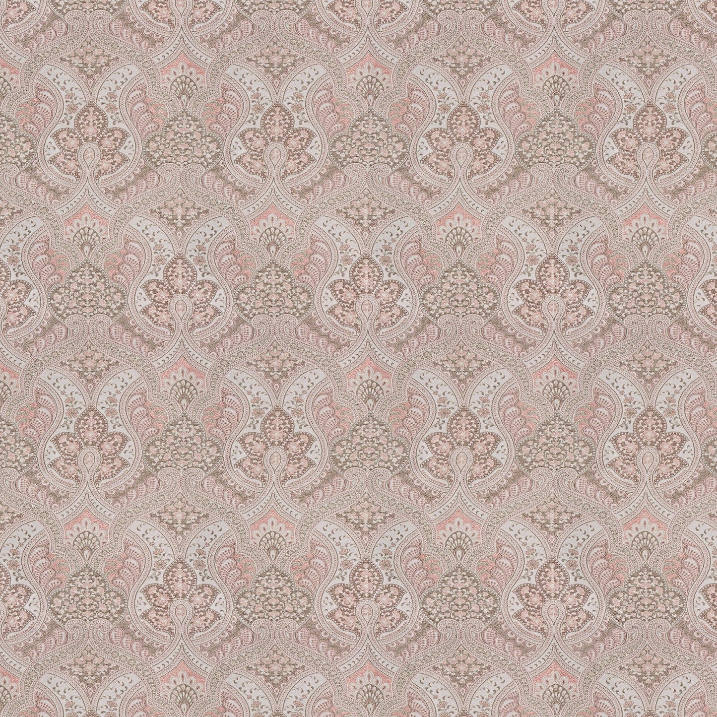 Repeating pink and beige damask jacquard fabric pattern with ornate scrolling motifs.