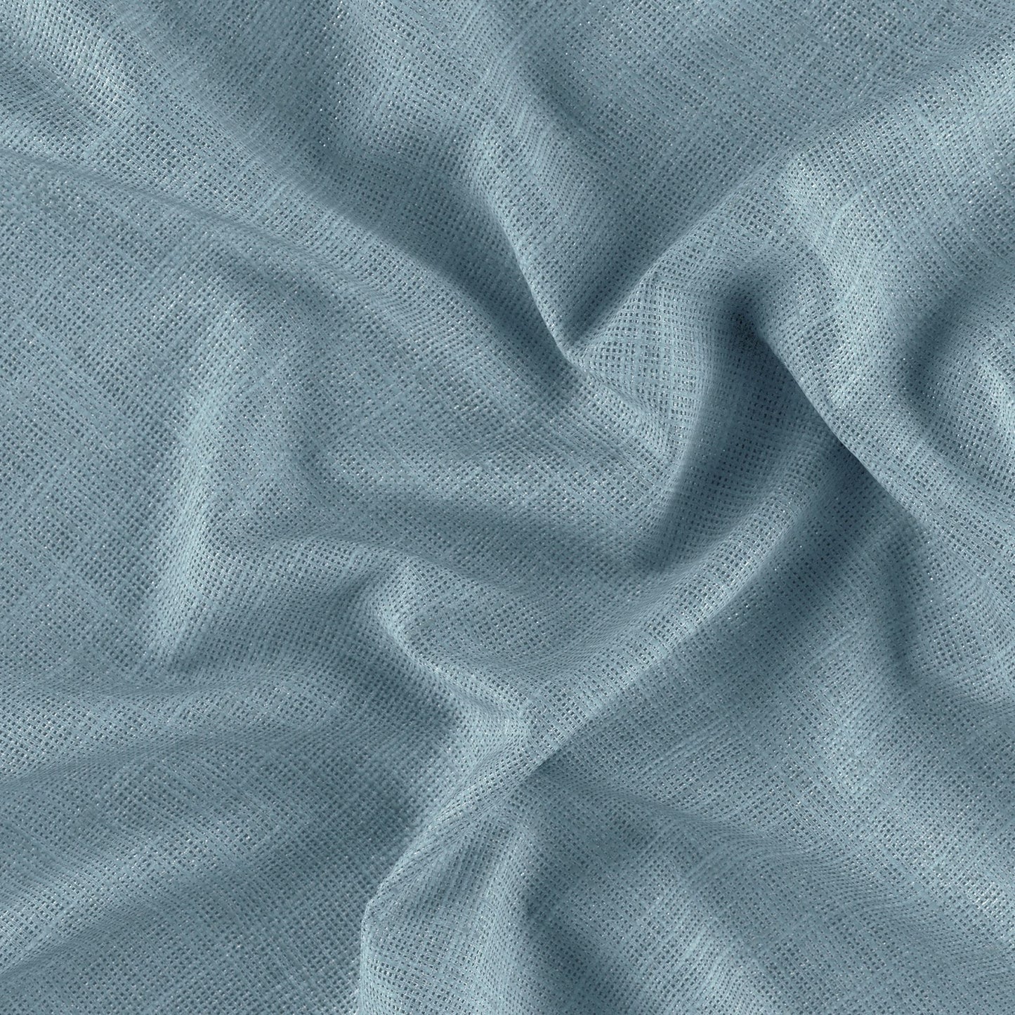 Close-up of metallic woven fabric in blue, teal and silver tones, showing the textured weave and subtle folds.
