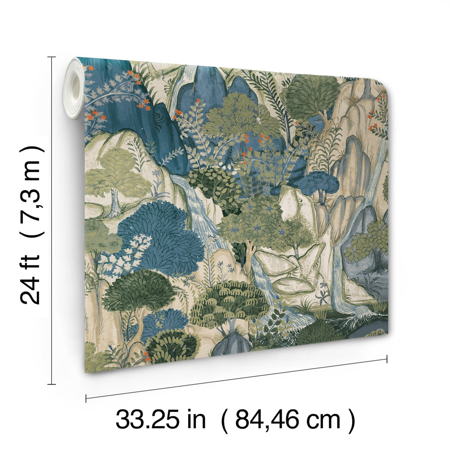 Rolled wallpaper mural of lush blue-green botanical landscape with trees and rocks; 33.25 in wide by 24 ft long.