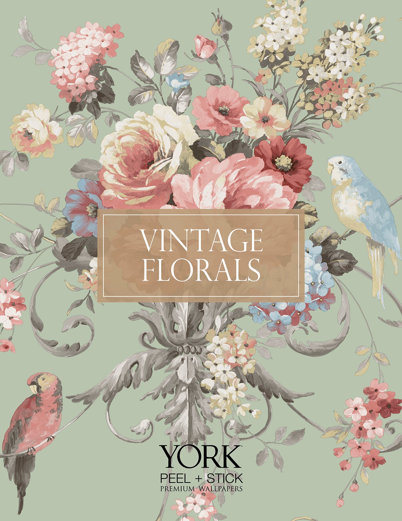 York Wallcoverings Vintage Florals Parrots with Floral Bouquets Eucalyptus Peel and Stick Wallpaper Florals and Flowers Greens Wallpaper - PSW1361RL