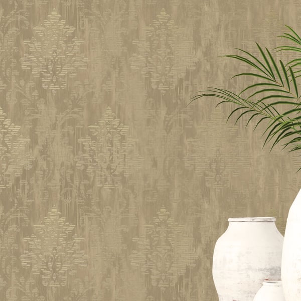Gold metallic damask wallpaper with a white ceramic vase and green palm leaves on the right.