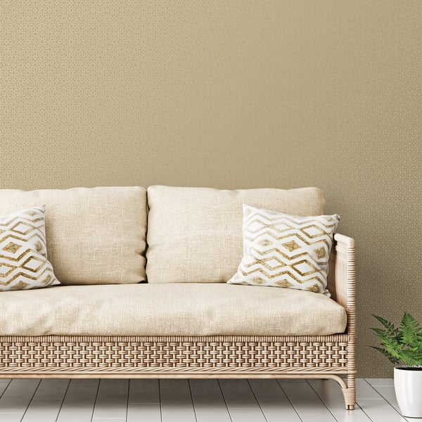 Beige wallpaper with metallic gold geometric star pattern.