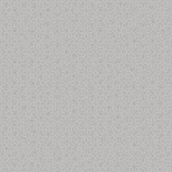 Neutral gray wallcovering with a subtle metallic star geometric pattern featuring interlocking circles and hex shapes.