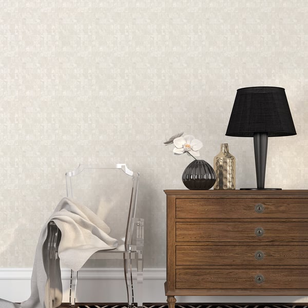 Beige metallic tile wallpaper with a subtle geometric pattern.