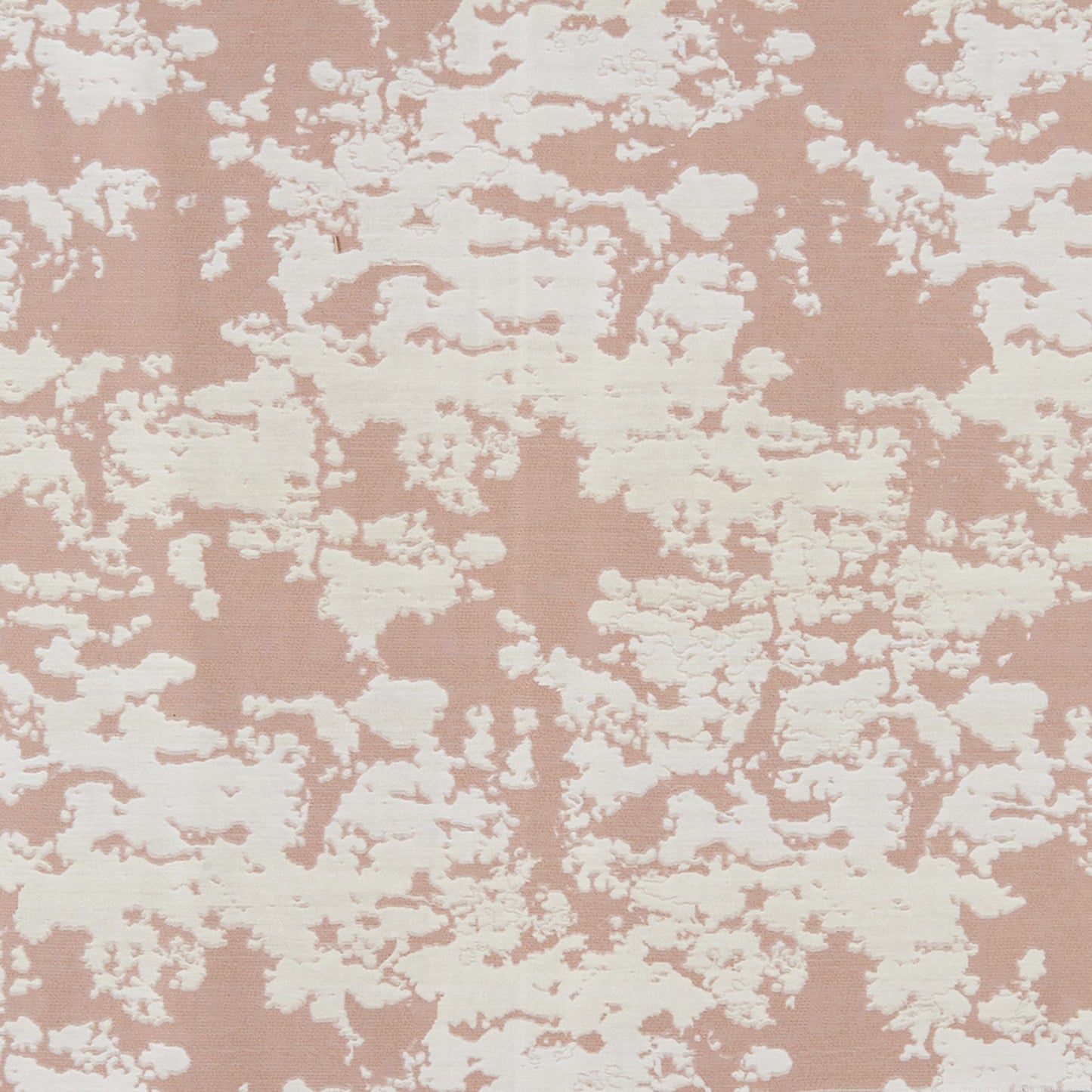 Soft pink fabric with irregular white blotches in a modern abstract damask pattern; versatile for upholstery or drapes.