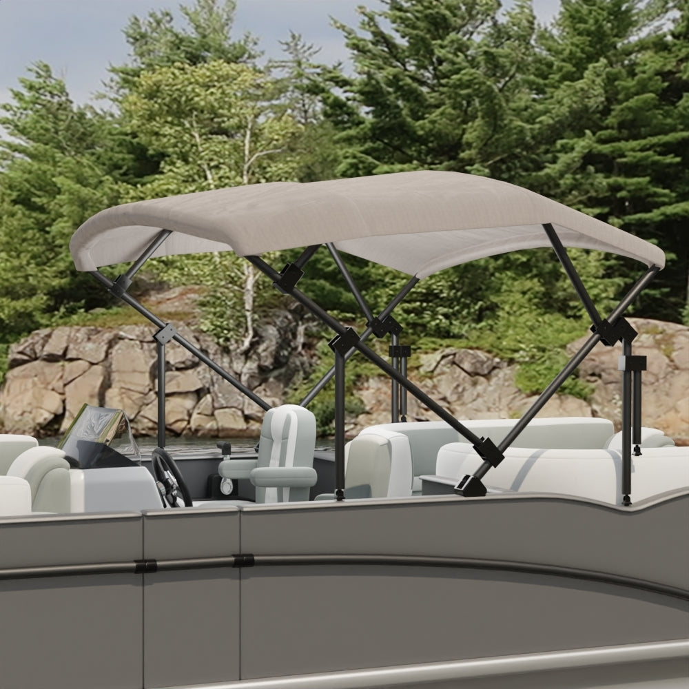 Brown solid fabric bimini top with black frame over a gray pontoon boat with light gray seating, lakeside setting.