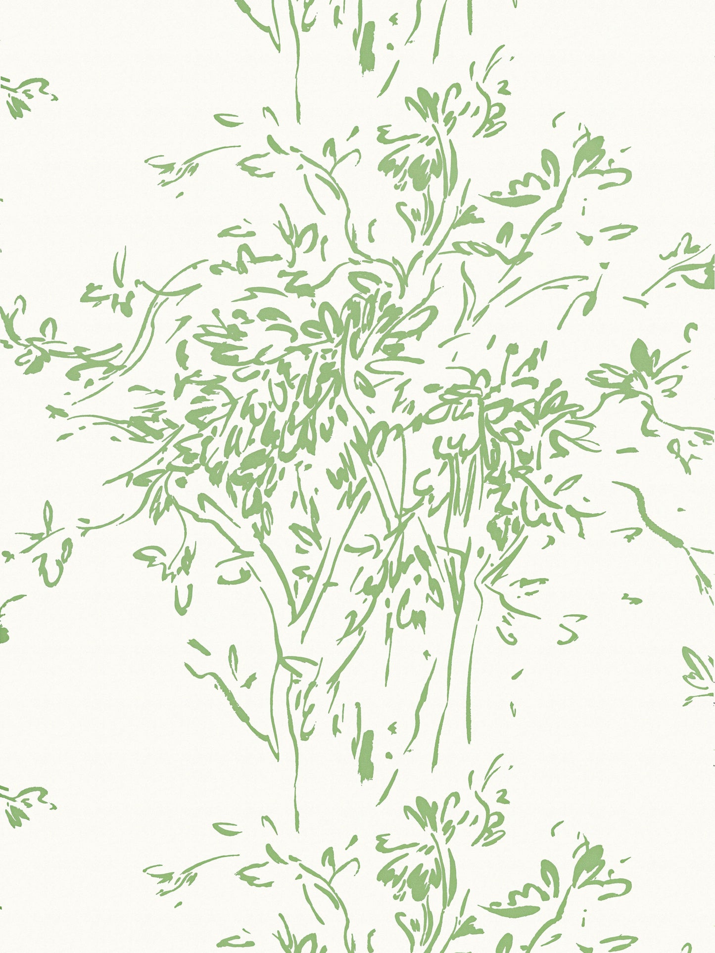Green botanical line-drawing pattern of stems, leaves and blossoms on a pale cream background.