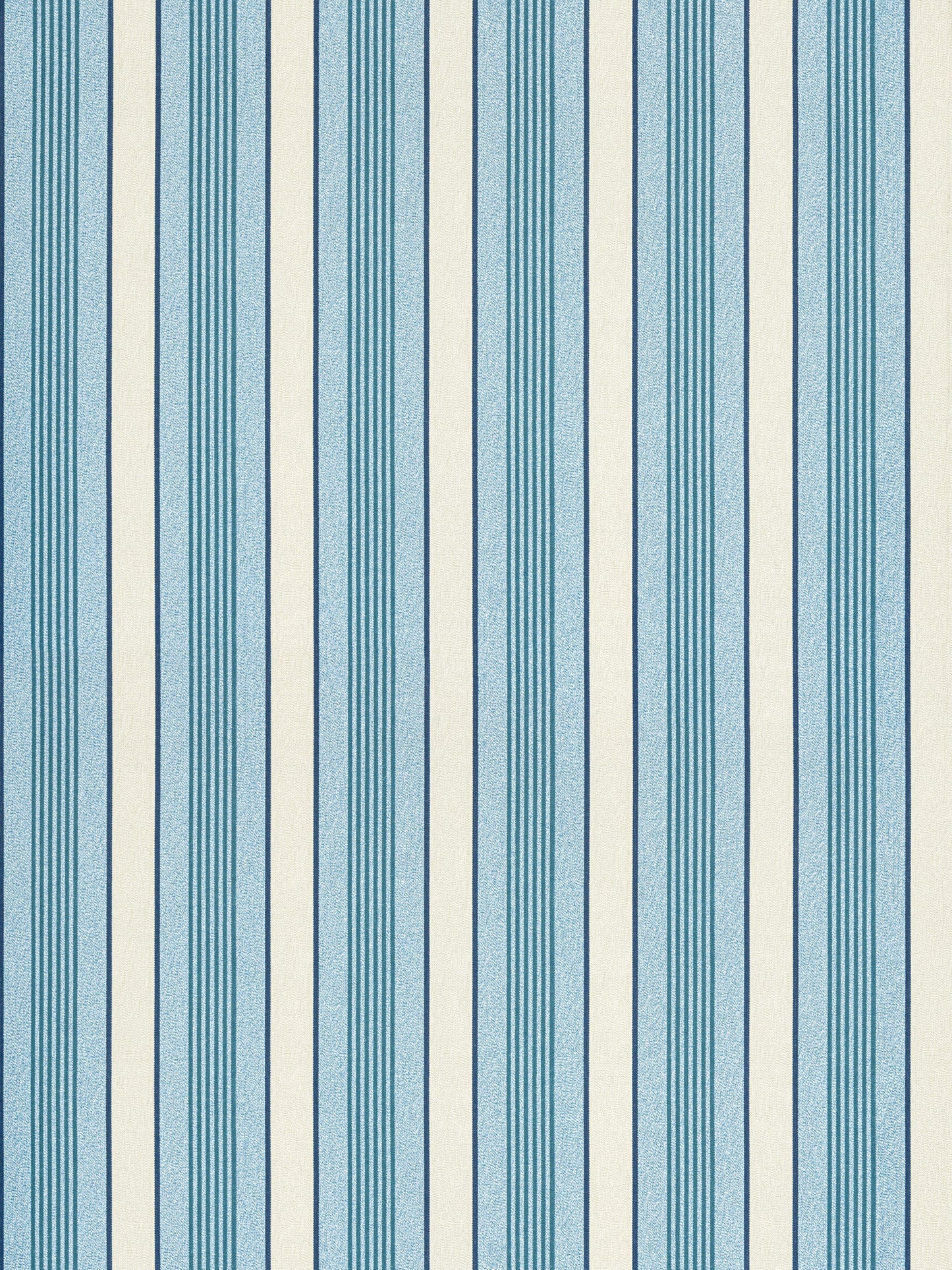 Vertical turquoise and light-blue striped wallpaper pattern on beige background with dark navy separators; printed wallcovering texture.