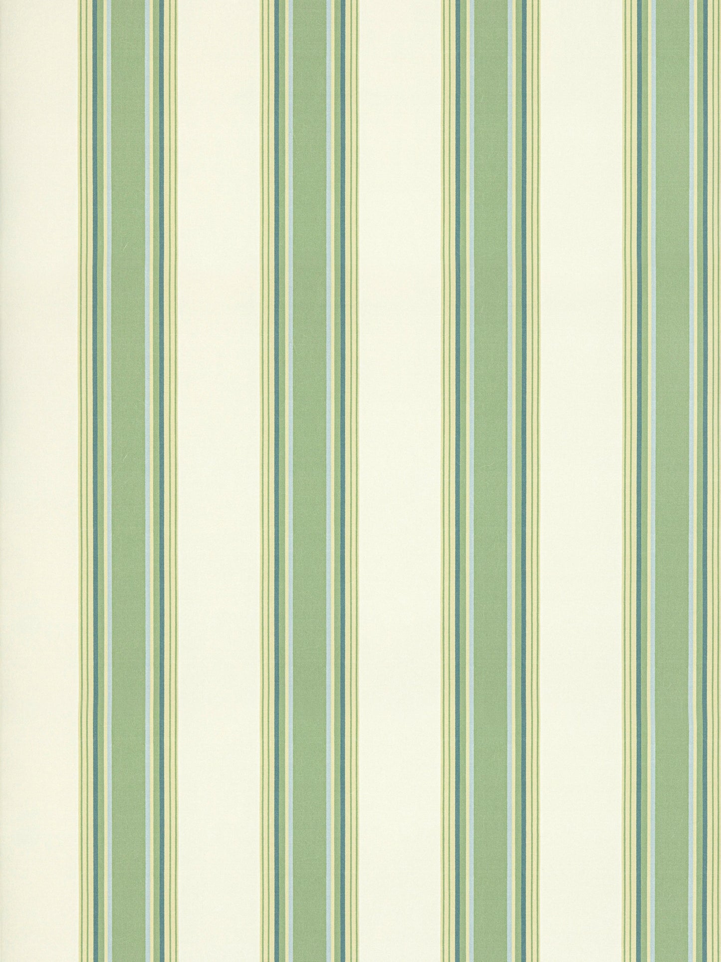 Vertical striped wallpaper in green, teal, and cream tones with alternating wide and narrow stripes.