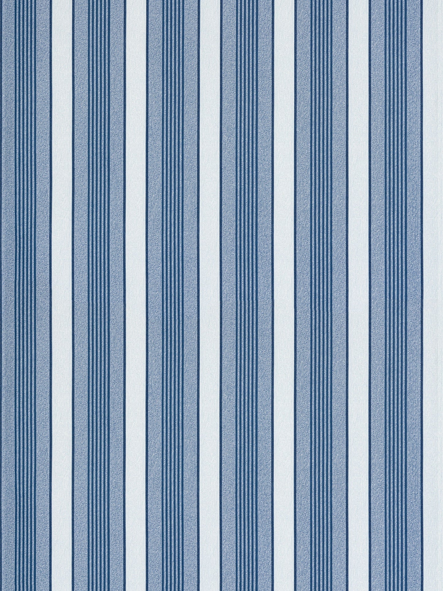Vertical cobalt wallpaper with alternating light blue and white stripes and fine navy pinstripes.