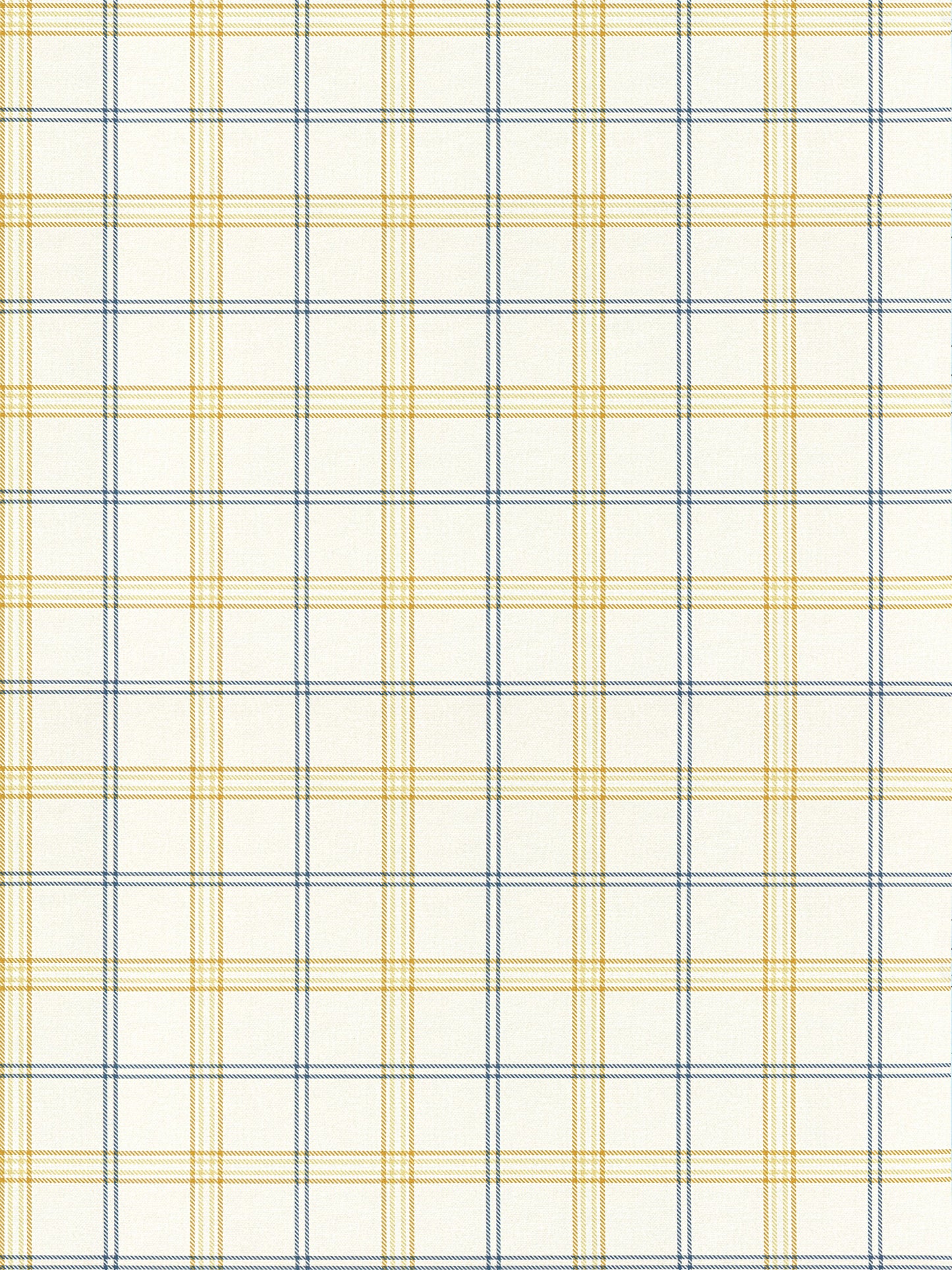 Yellow and navy blue plaid fabric with thin lines; a woven textile suitable for shirts or home decor.