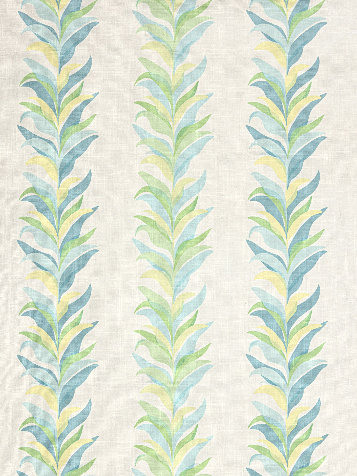 Pastel leaf-pattern wallpaper with three vertical vine columns in blue, green, and yellow on cream background.