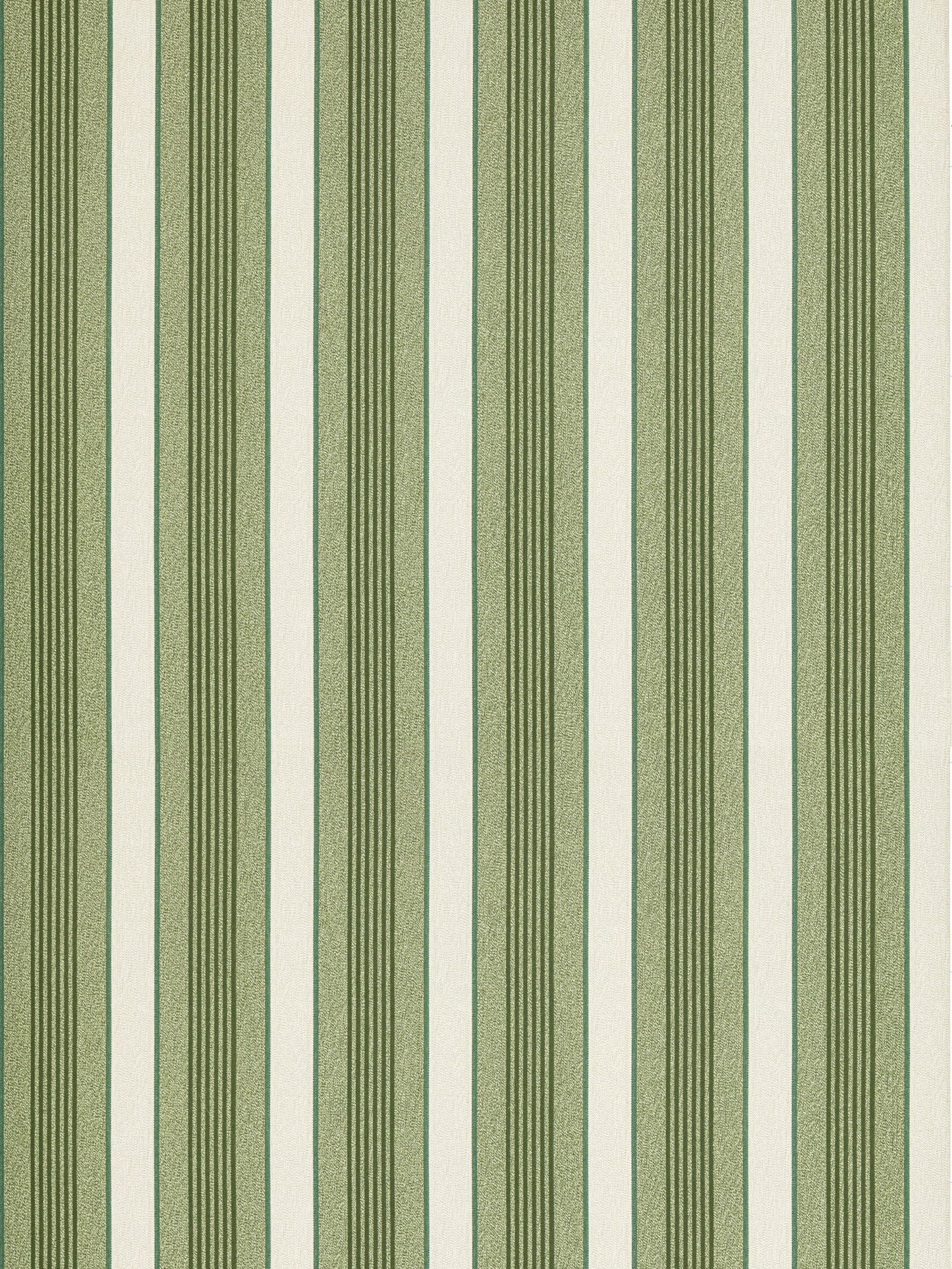 Olive green and cream vertical striped wallpaper with textured, ribbed stripes.