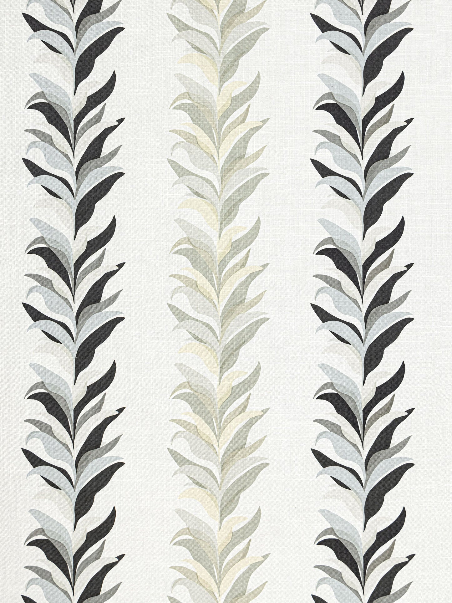 Three vertical vine motifs with ivory and gray-black leaves on a pale background; modern botanical wallpaper pattern.