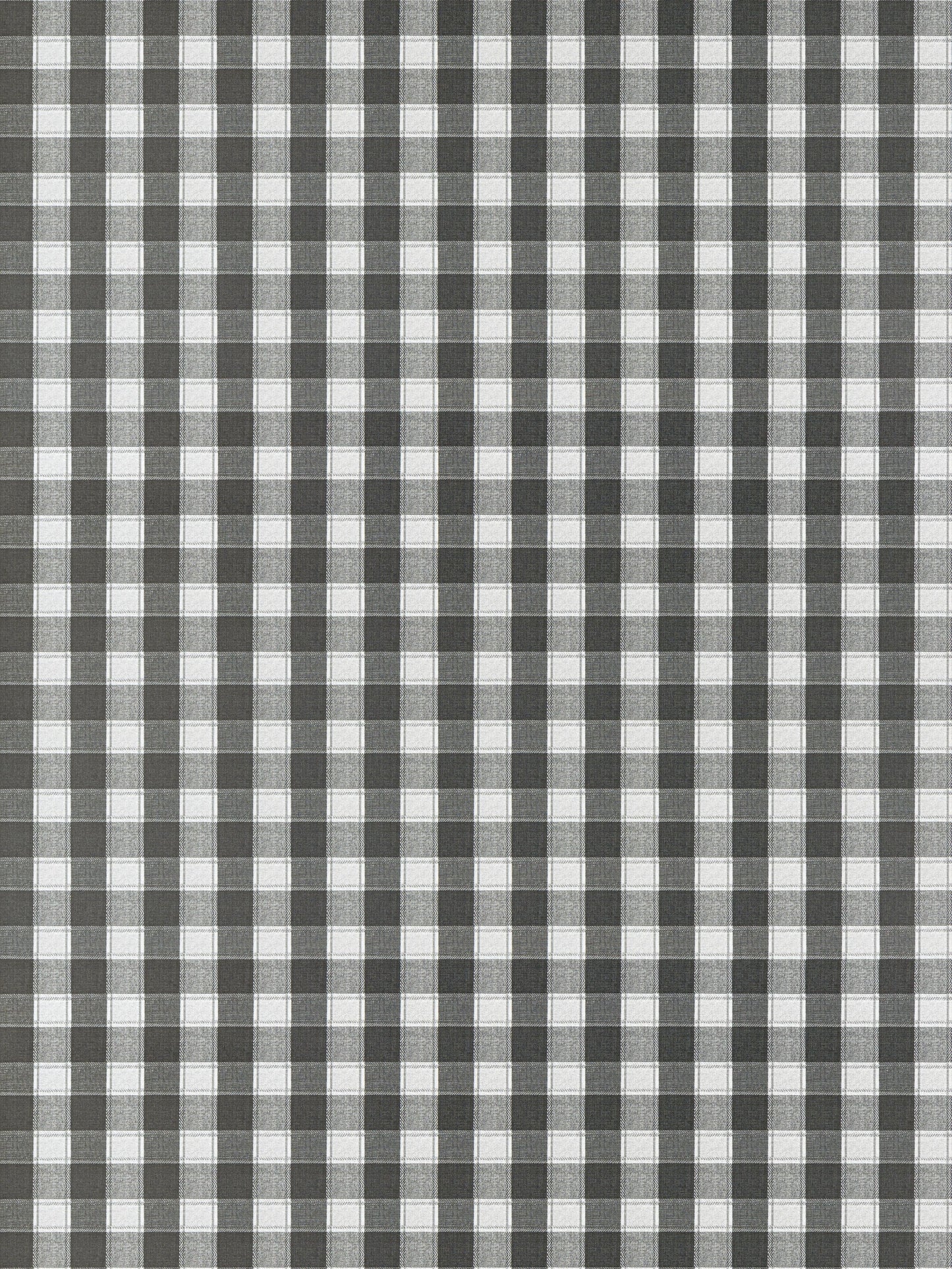 Gray and white gingham check fabric with small squares; woven cotton-style textile for shirts or table linens.