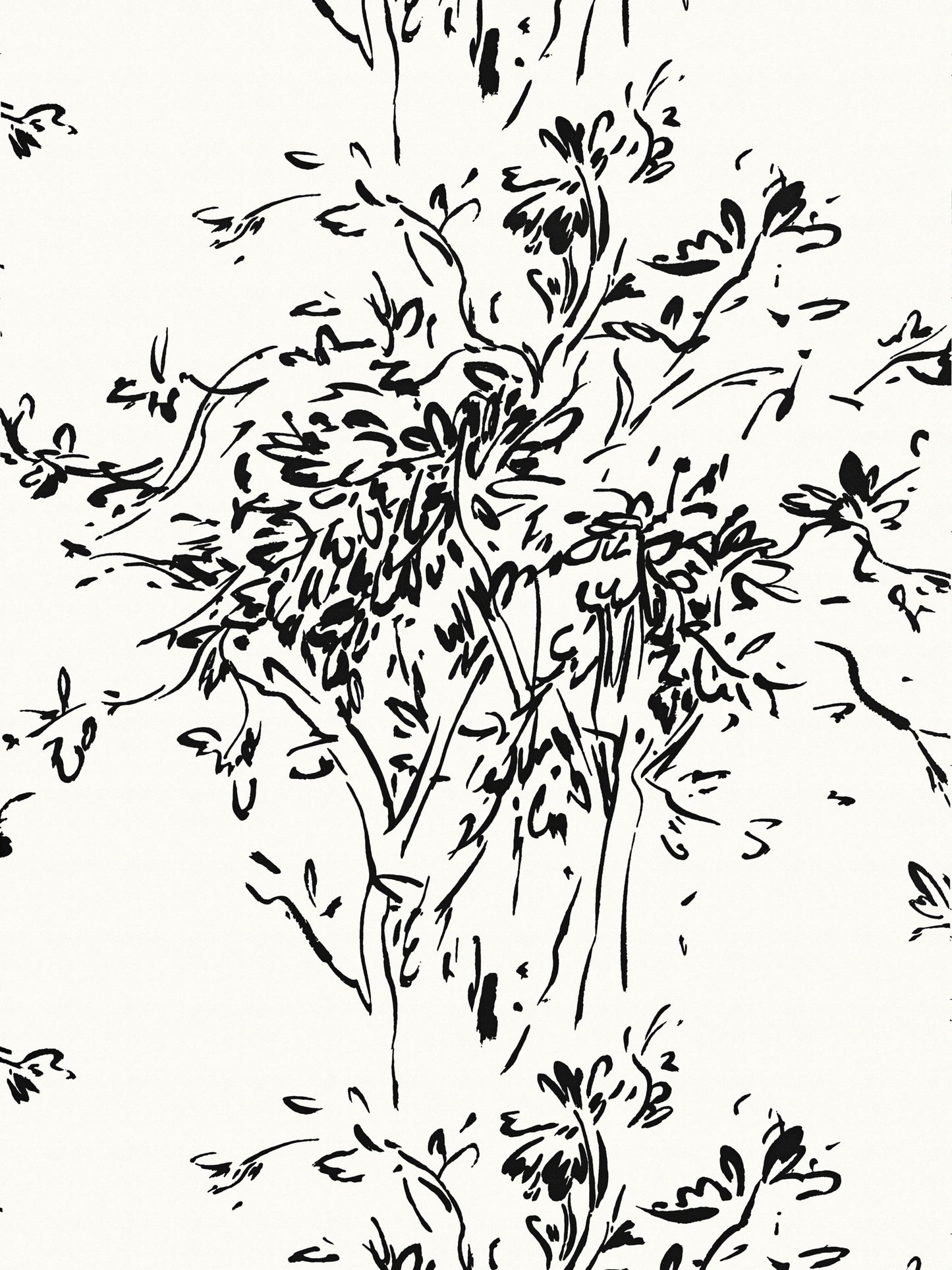 Black botanical illustration of twisting tree branches and leaves on cream background, wallpaper print