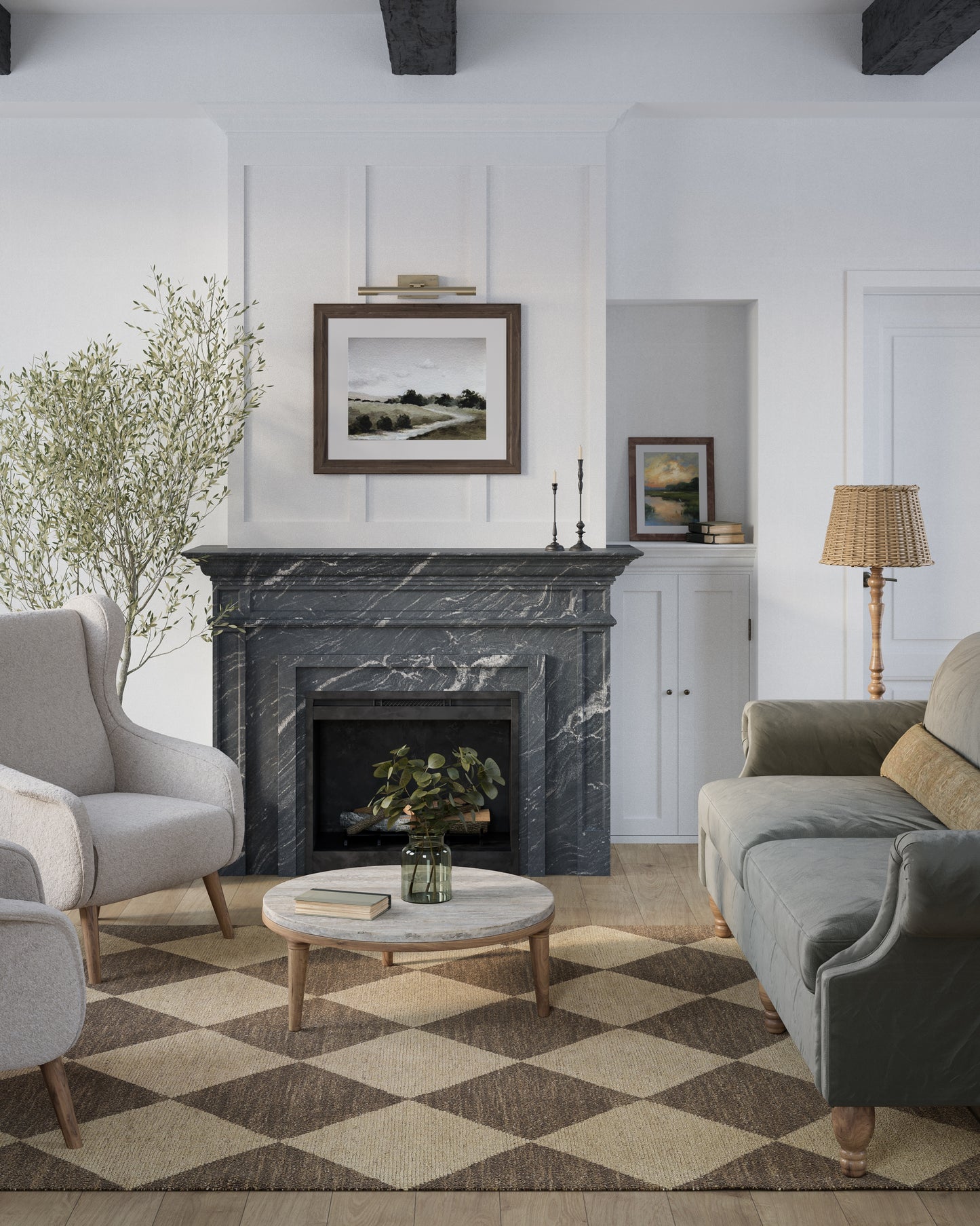 Cozy living room with dark marble fireplace, white walls, beige armchairs, olive sofa, round marble coffee table, diamond rug.
