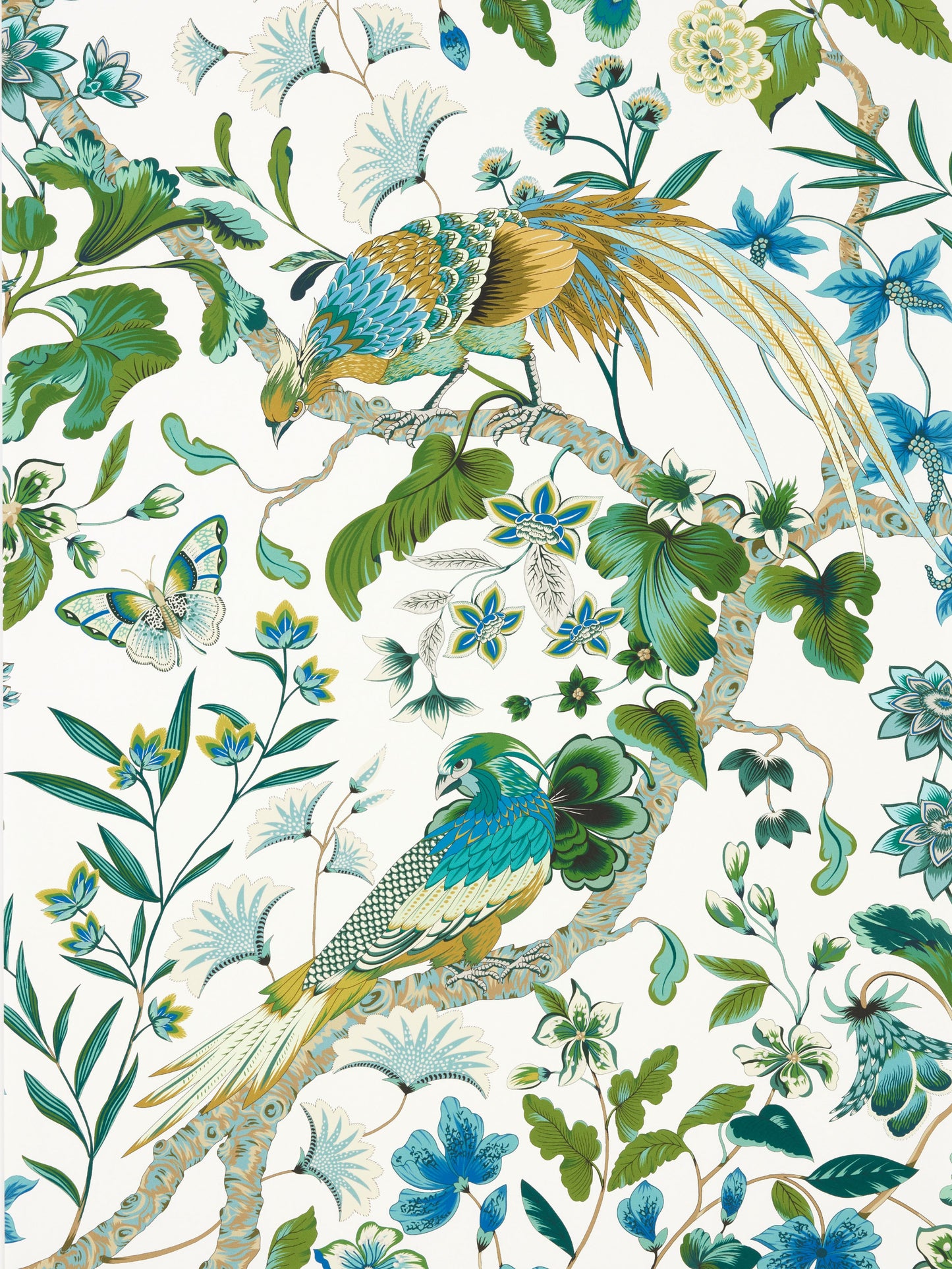 Chinoiserie botanical print with blue-green peacocks, gold accents, and tropical flowers and leaves.