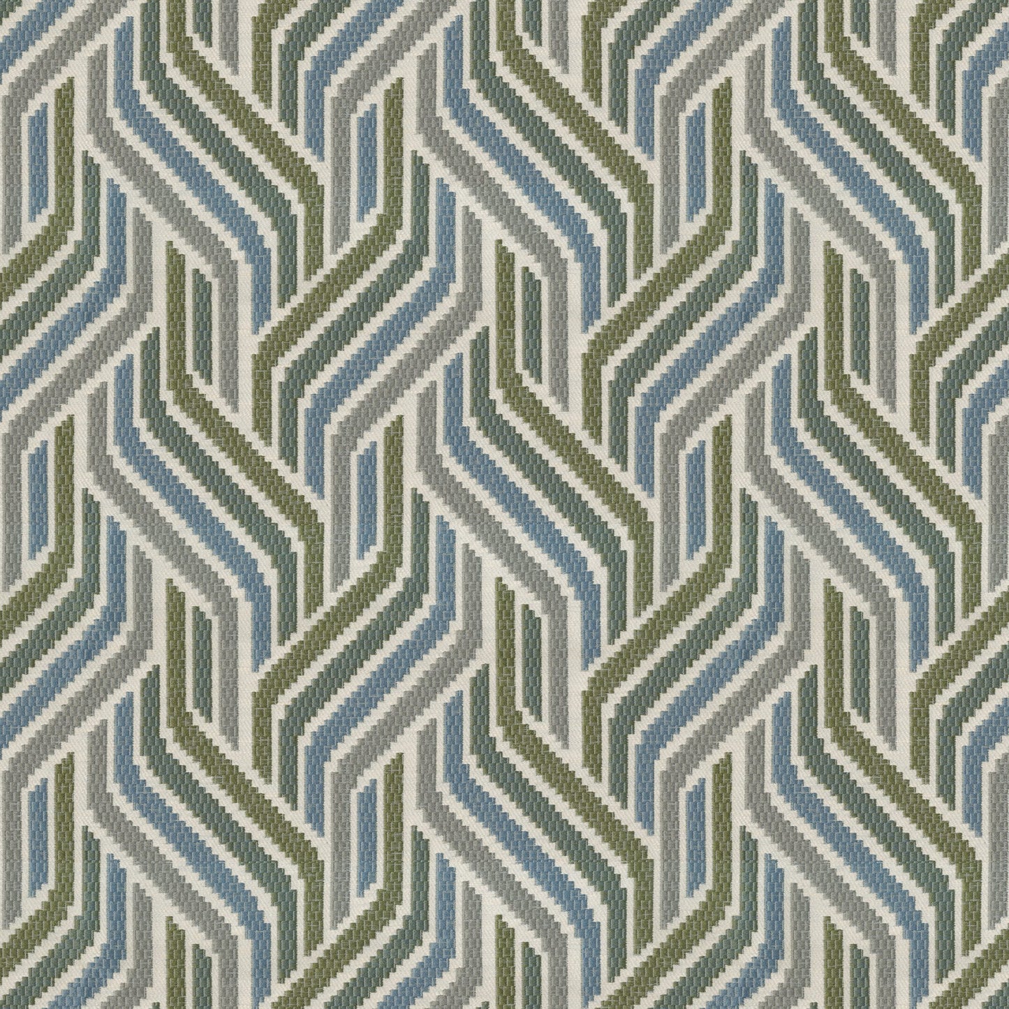 Woven fabric with angular chevrons in olive green, blue-gray and light gray, repeating geometric pattern.