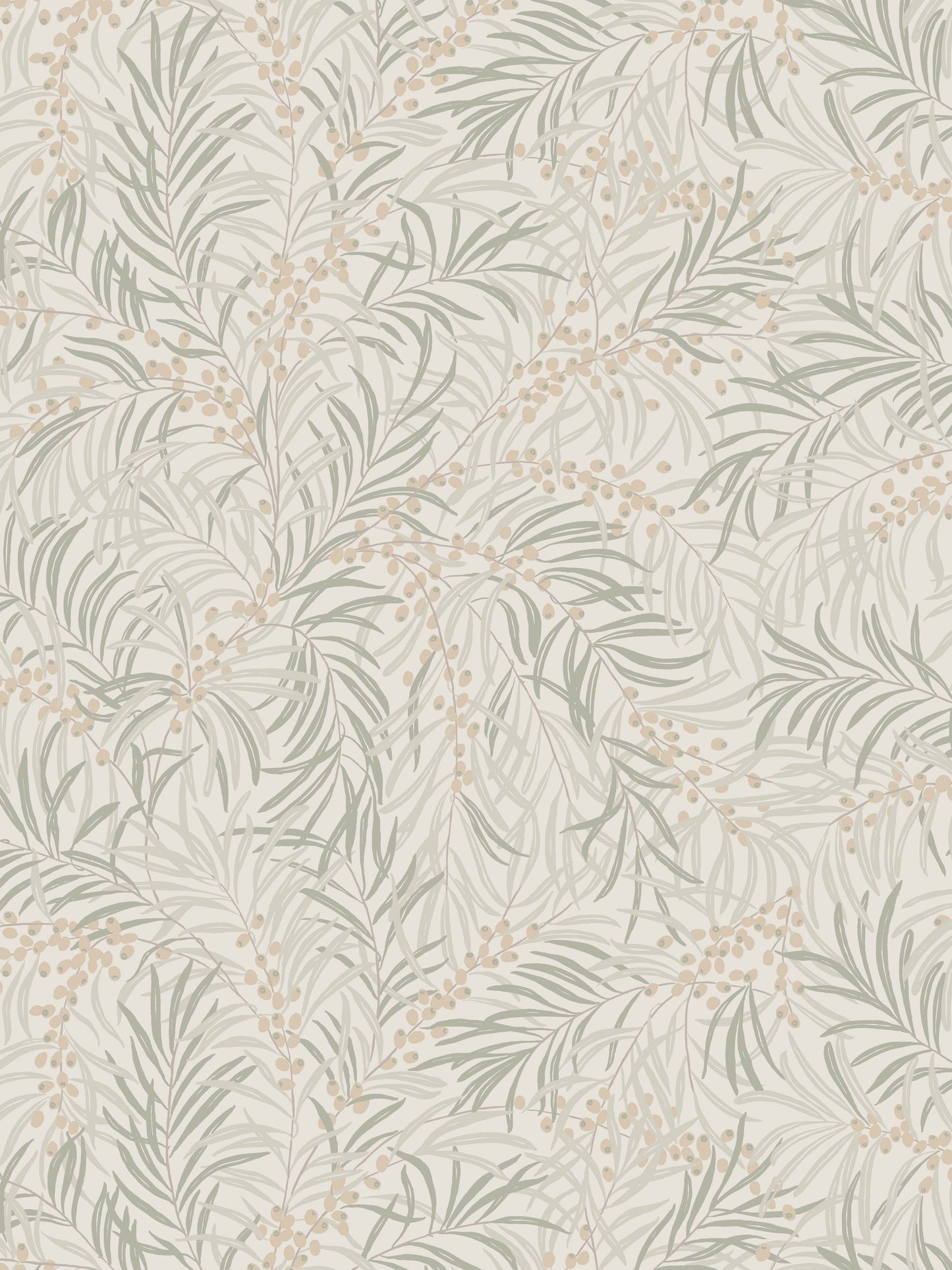 Beige wallpaper with grey-green leafy branches and small tan berries; botanical pattern for walls.