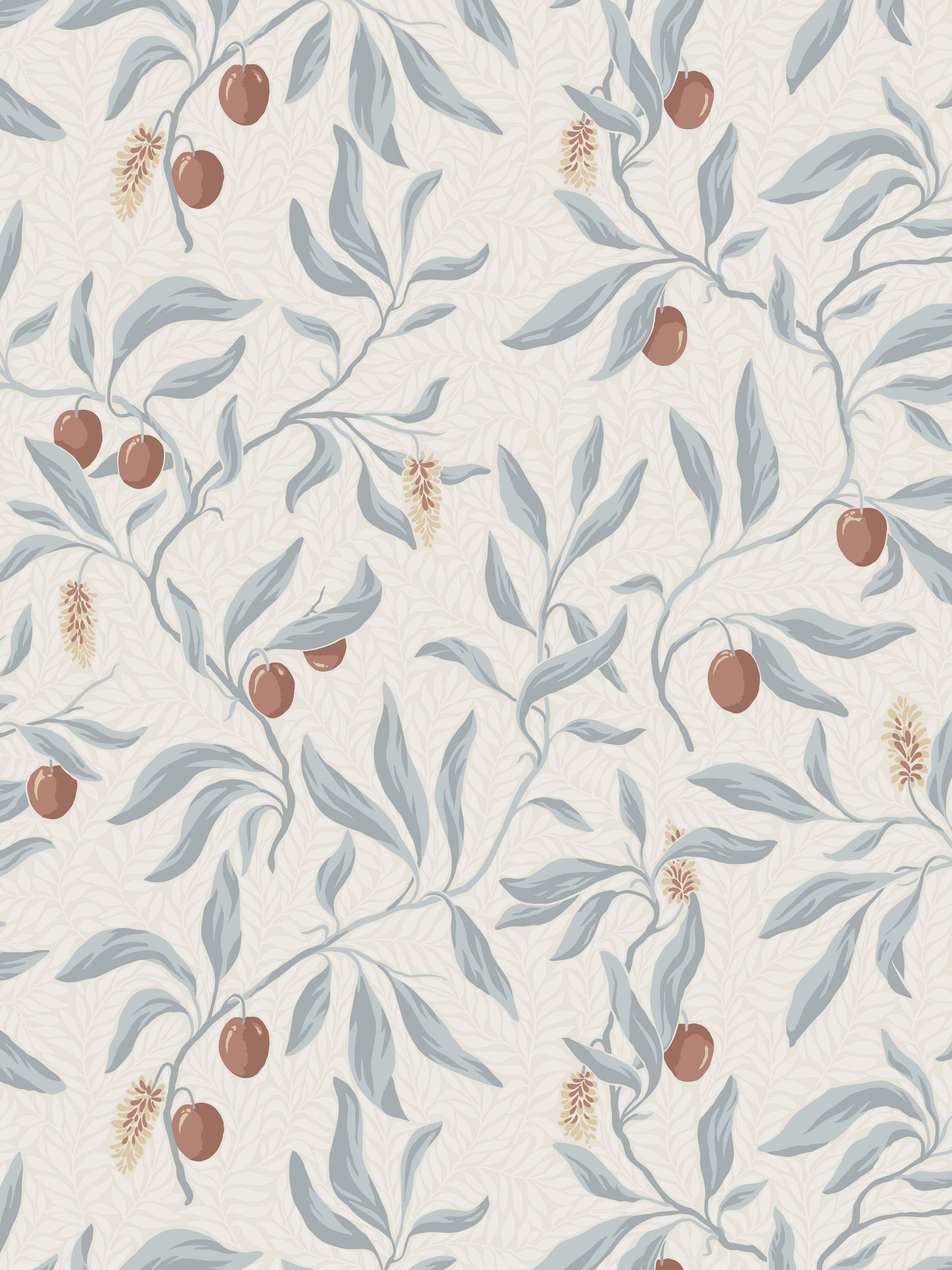 Botanical wallpaper pattern with blue-gray leaves and red berries on a cream textured background; vintage-inspired decor.