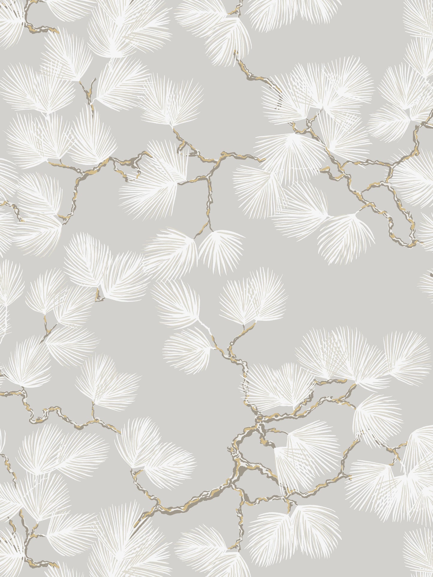 Gray wallpaper with white fan palm leaves and gold metallic branches in a botanical pattern.