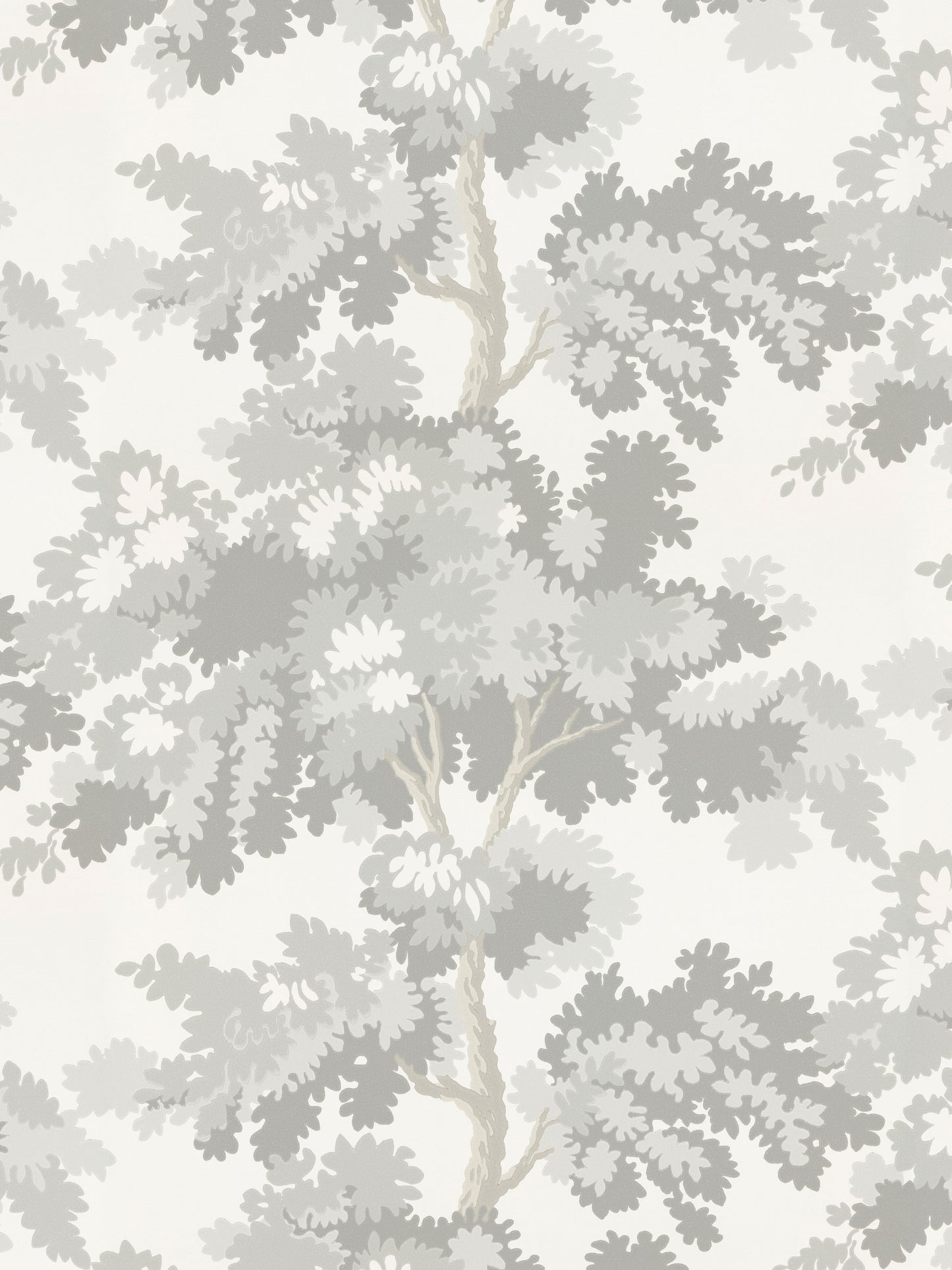Grey botanical wallpaper with pale oak-like leaves and beige stems on ivory background; repeating vertical pattern.