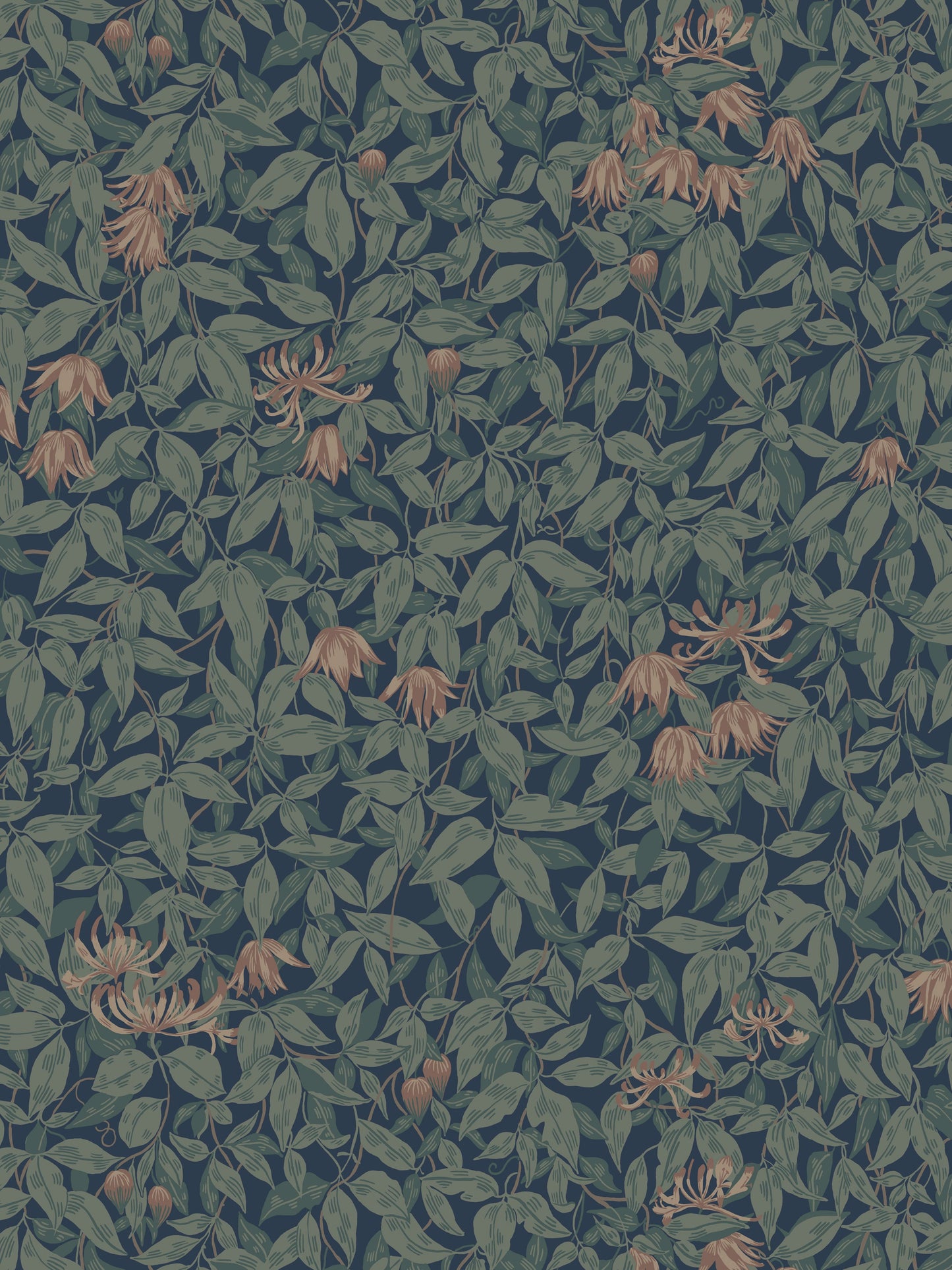 Midnight-blue background with dense green leaves and peach blossoms; botanical wallpaper.