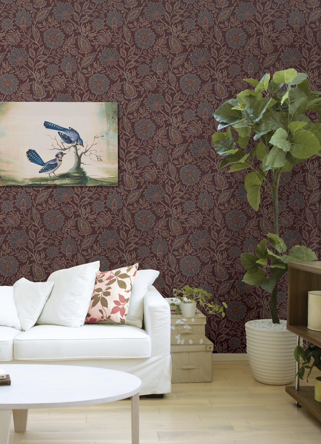 York Wallcoverings NuWallpaper Indira Aster Maroon Peel and Stick Wallpaper Botanical Transitional Maroon Current Peel & Stick - WVS6479