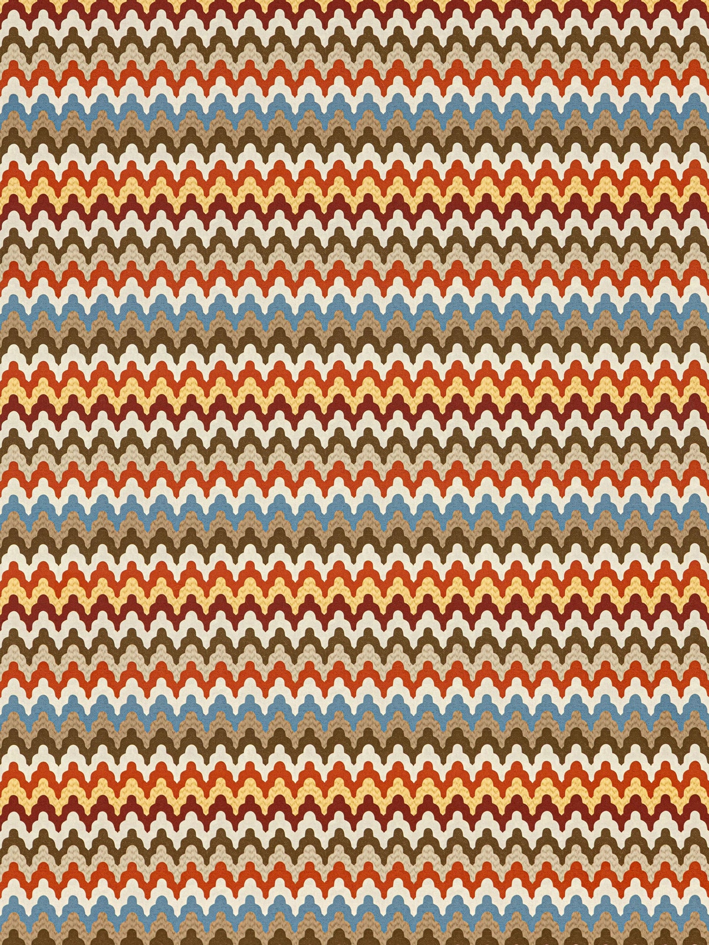 Multicolor chevron pattern with repeating scalloped arches on wallpaper in orange, brown, cream, blue and red.