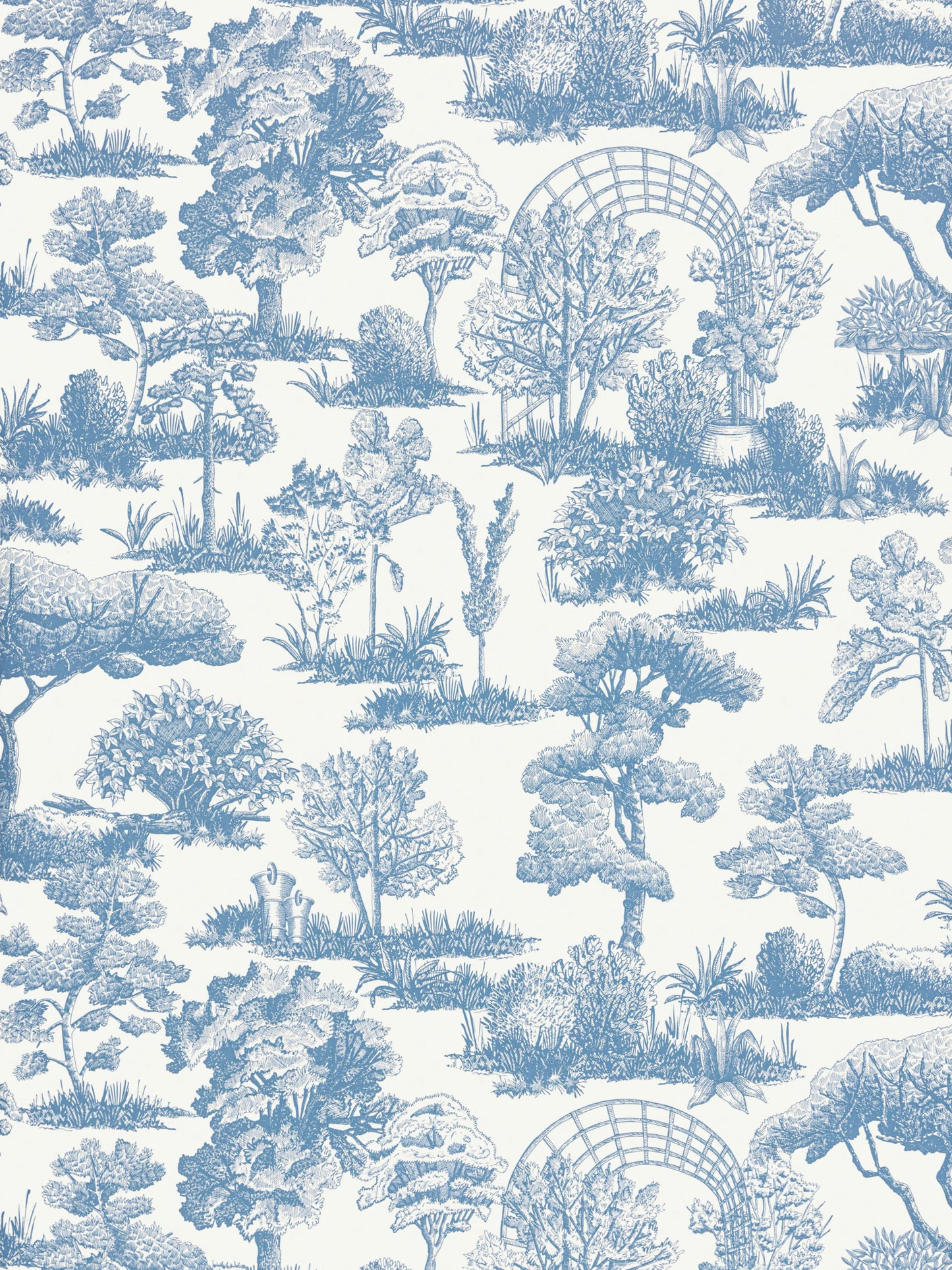 Blue and white toile garden wallpaper with trees, hedges and arched trellis motifs in repeating pattern.