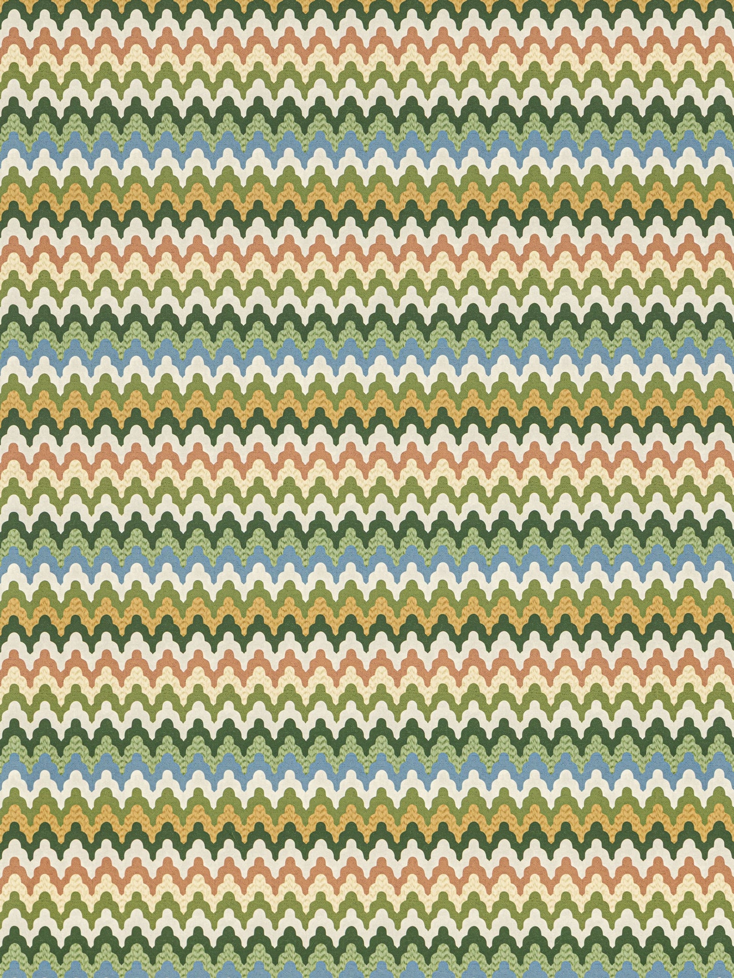 Woven chevron pattern with orange, olive, teal, cream and blue zigzags repeating across.