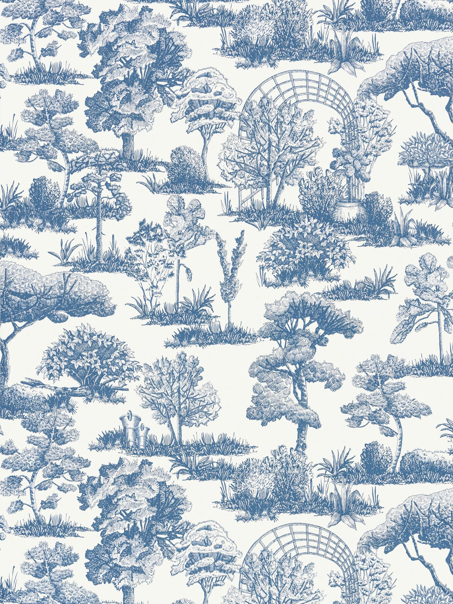 Blue and white toile wallpaper pattern with trees, shrubs and garden arches for home decor.