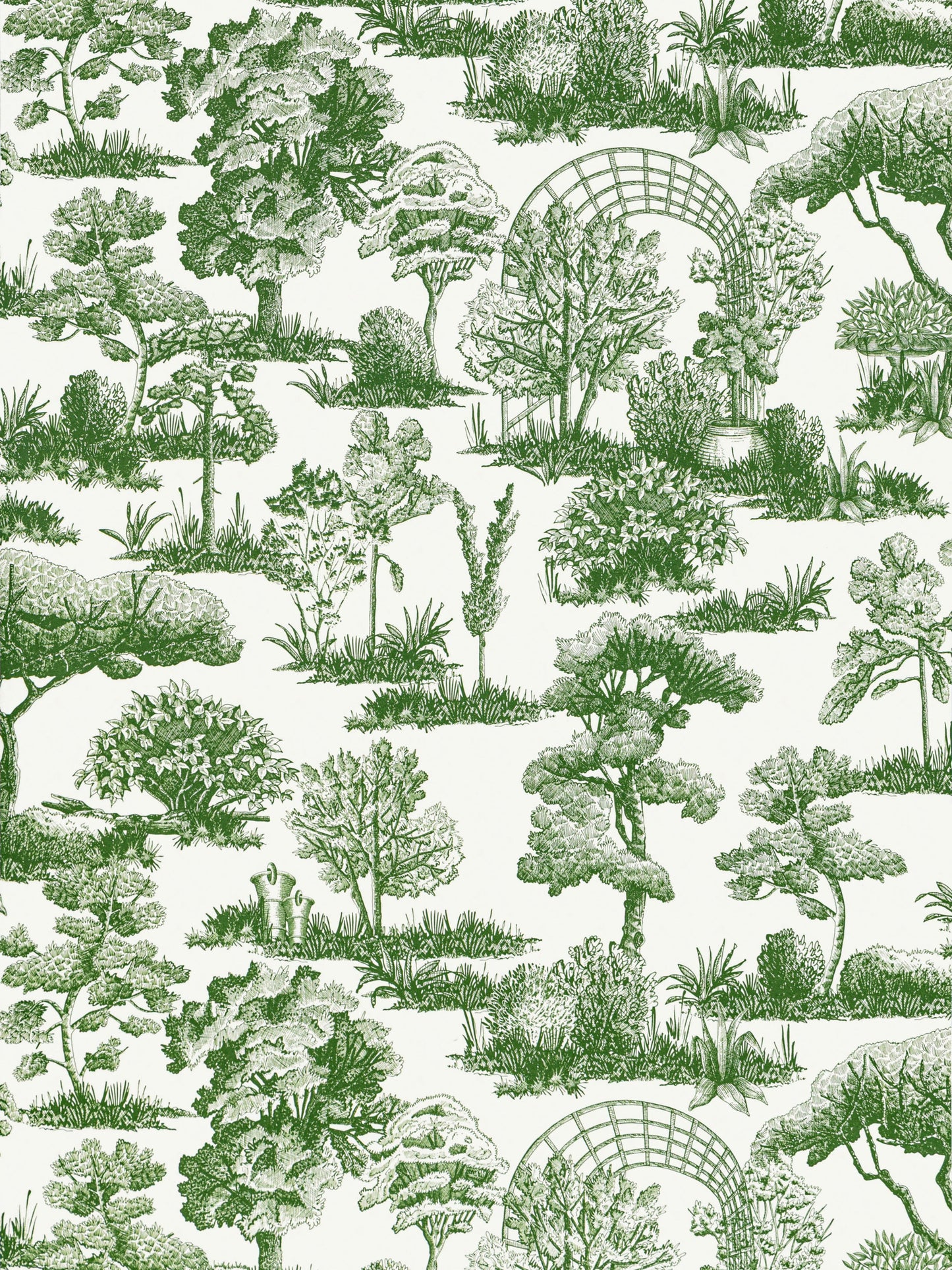 Green and white botanical toile wallpaper with trees, shrubs and an arched garden arbor.