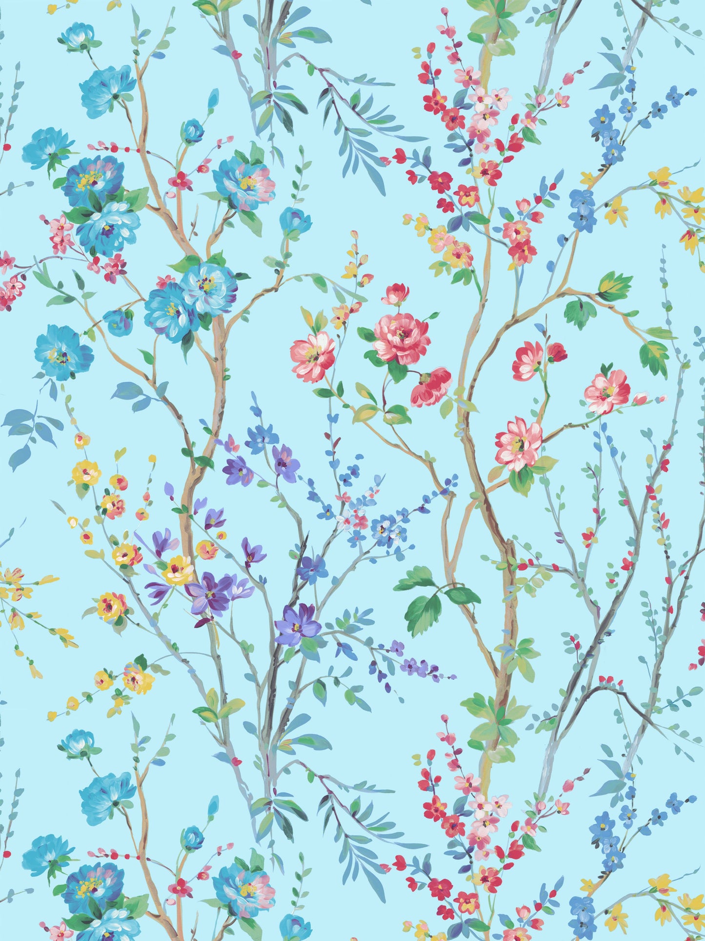 Pastel blue floral wallpaper with pink, blue, and yellow blossoms on twisting branches.