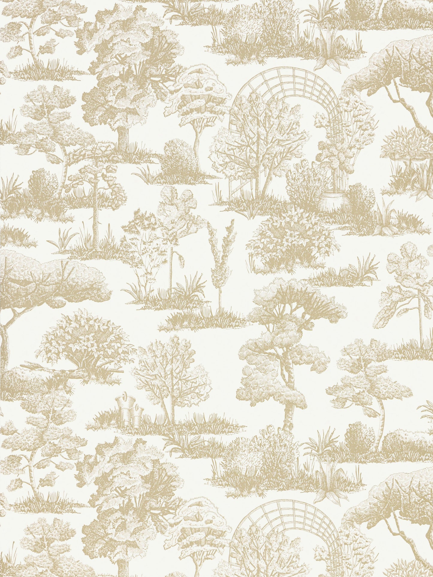 Beige toile pattern featuring trees, shrubs and arched garden trellis on cream background.