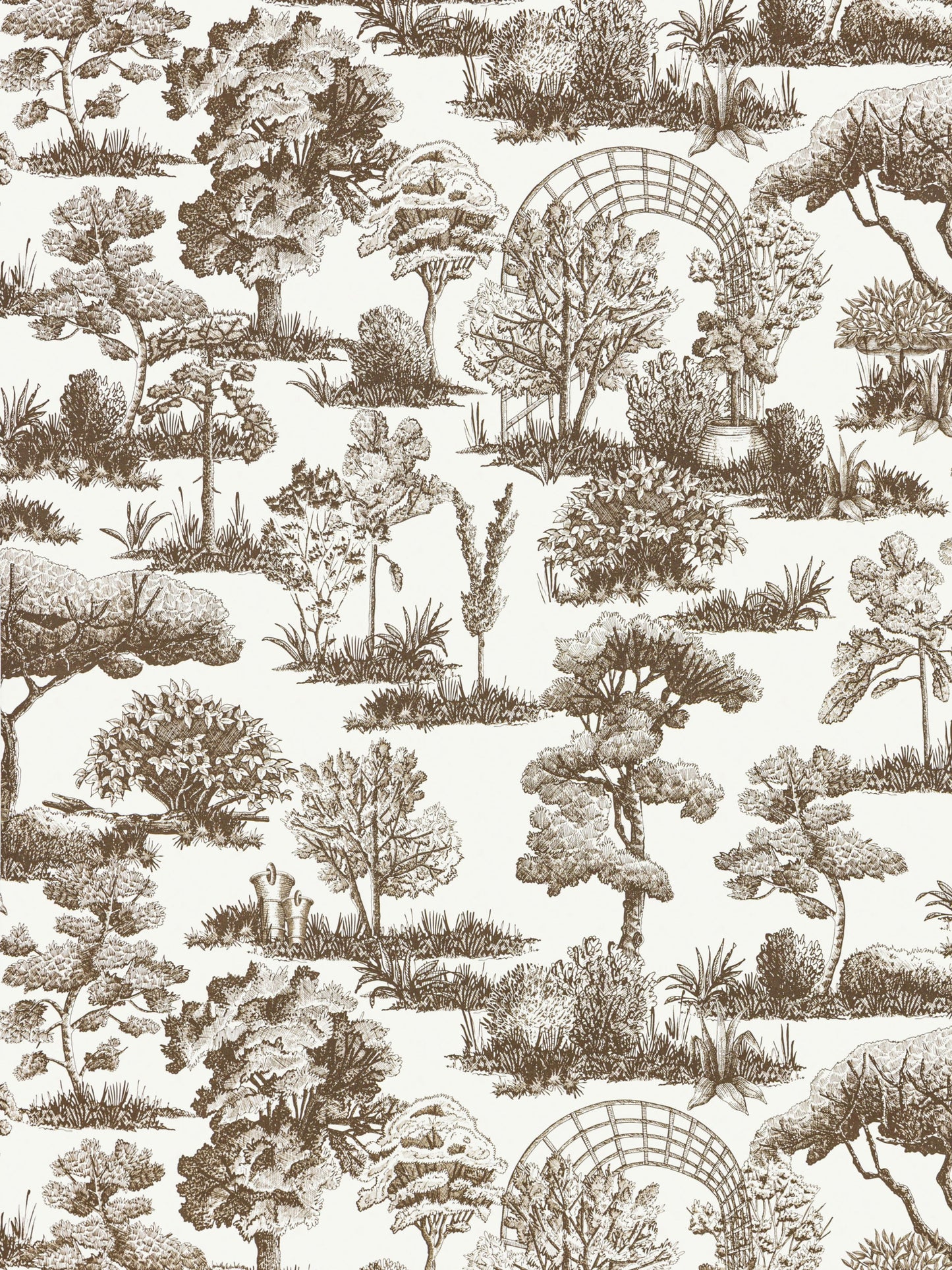 Brown toile landscape wallpaper featuring trees, gardens & arches on cream background.