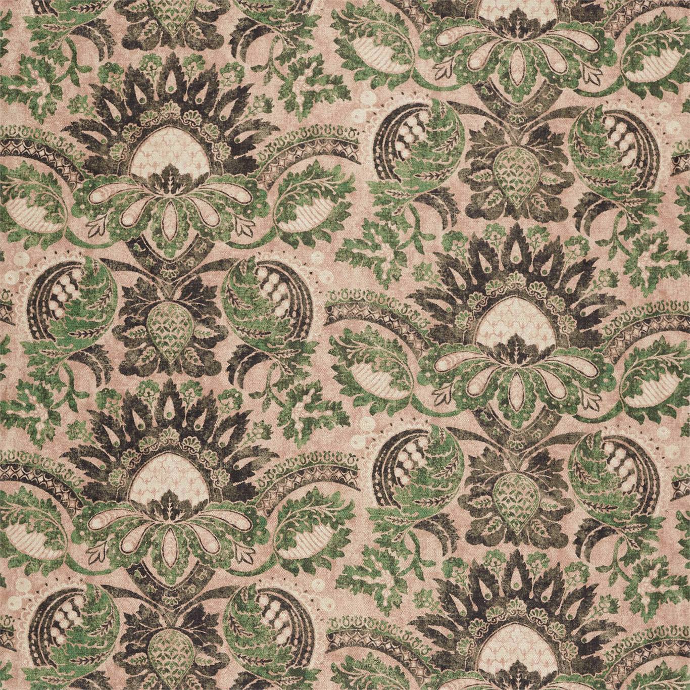 Pomegranate print fabric with Tuscan pink and Huntsman Green florals; contemporary textile.