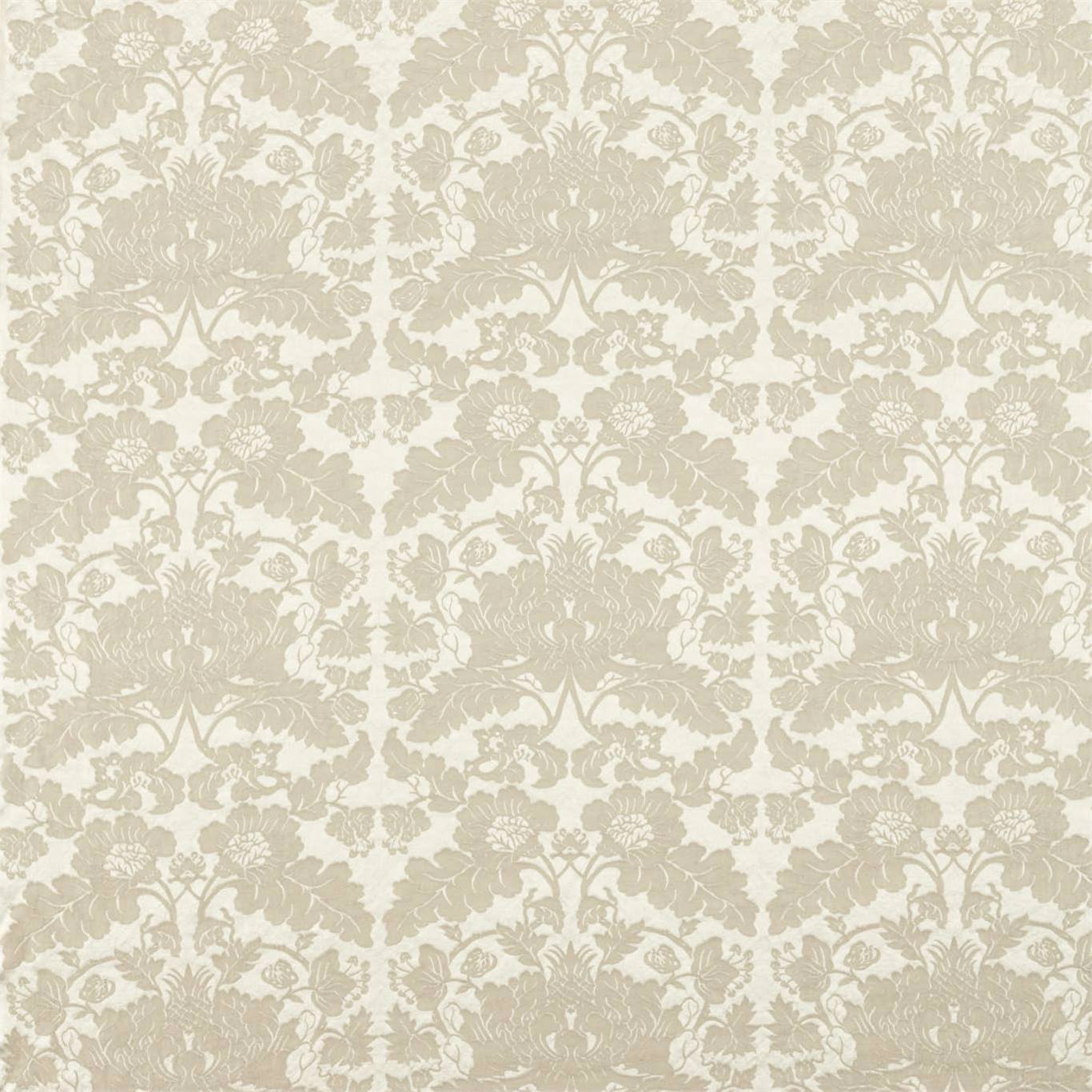 Cream-beige damask fabric featuring ornate floral motifs in a repeating scroll pattern.
