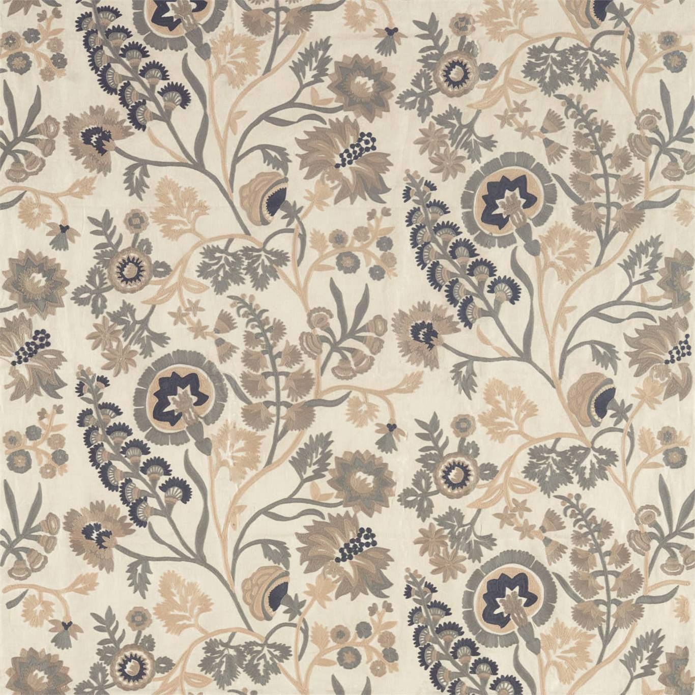 Beige and blue-gray botanical damask crewel fabric with flowing vines and blossoms.