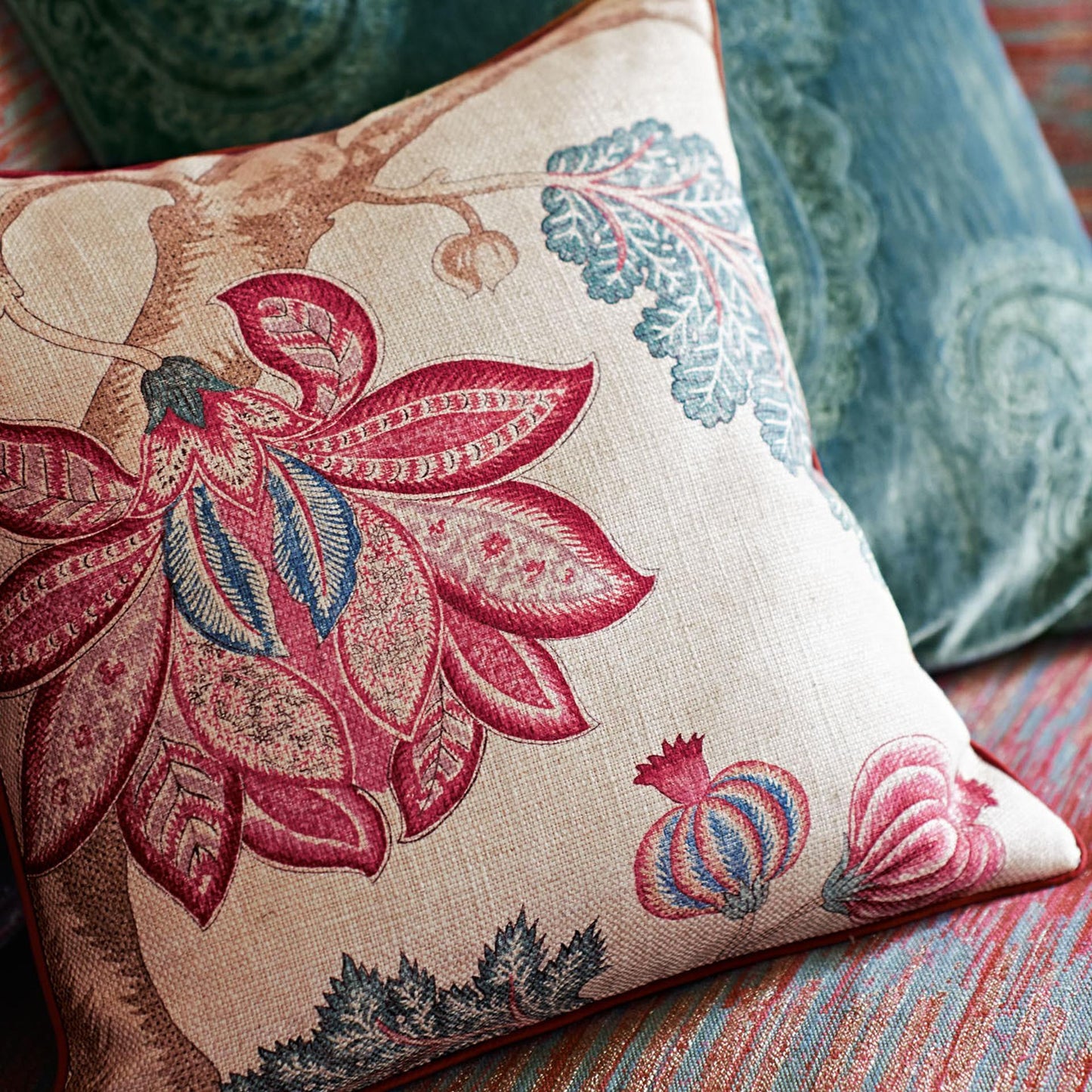 Zoffany Kalamkari Jaipur fabric featuring large indigo and red floral pattern on a linen-viscose blend — perfect for drapery, pillows, and elegant interiors.