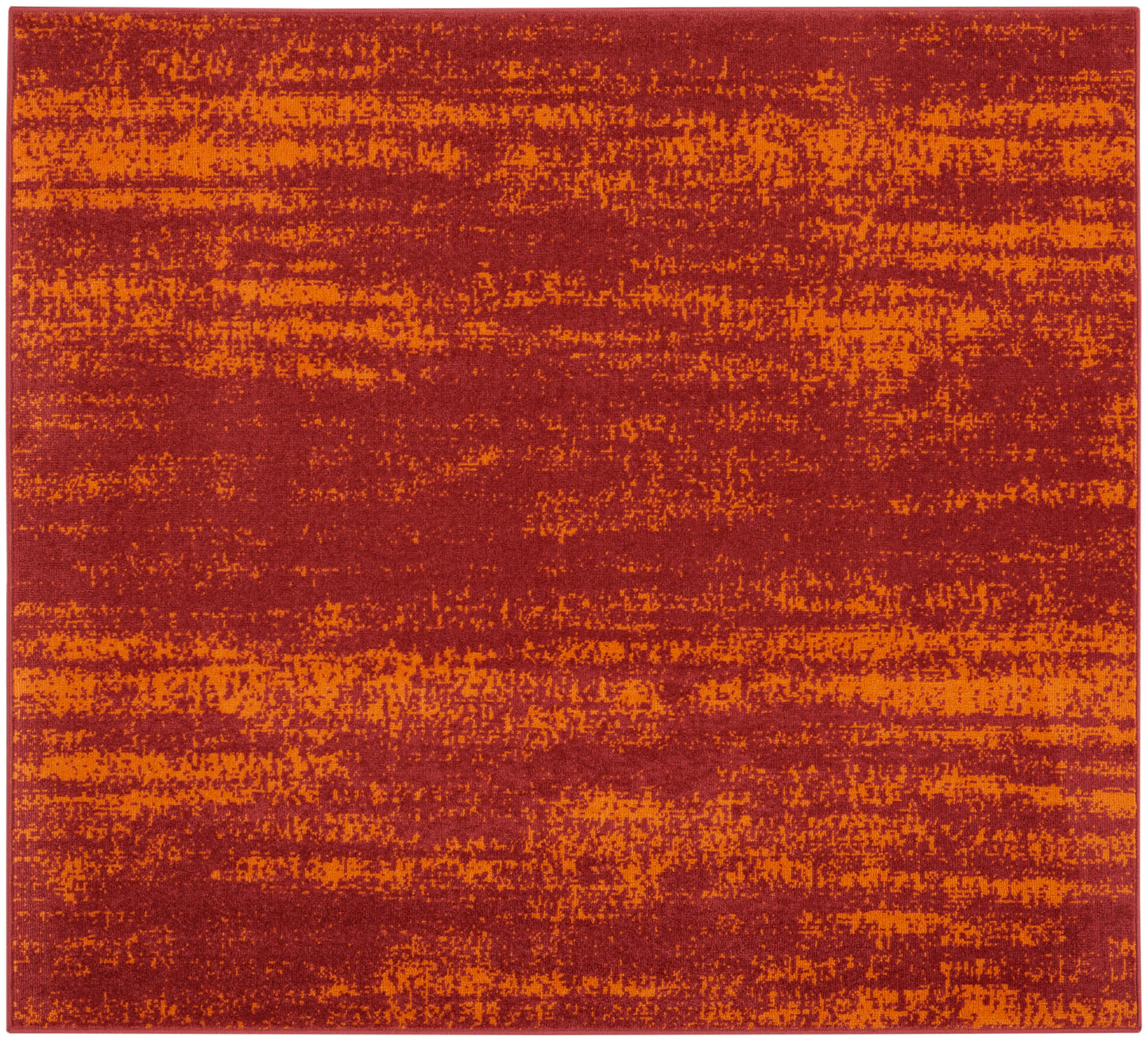 Orange and maroon distressed abstract rug with painterly bands for a modern living space.