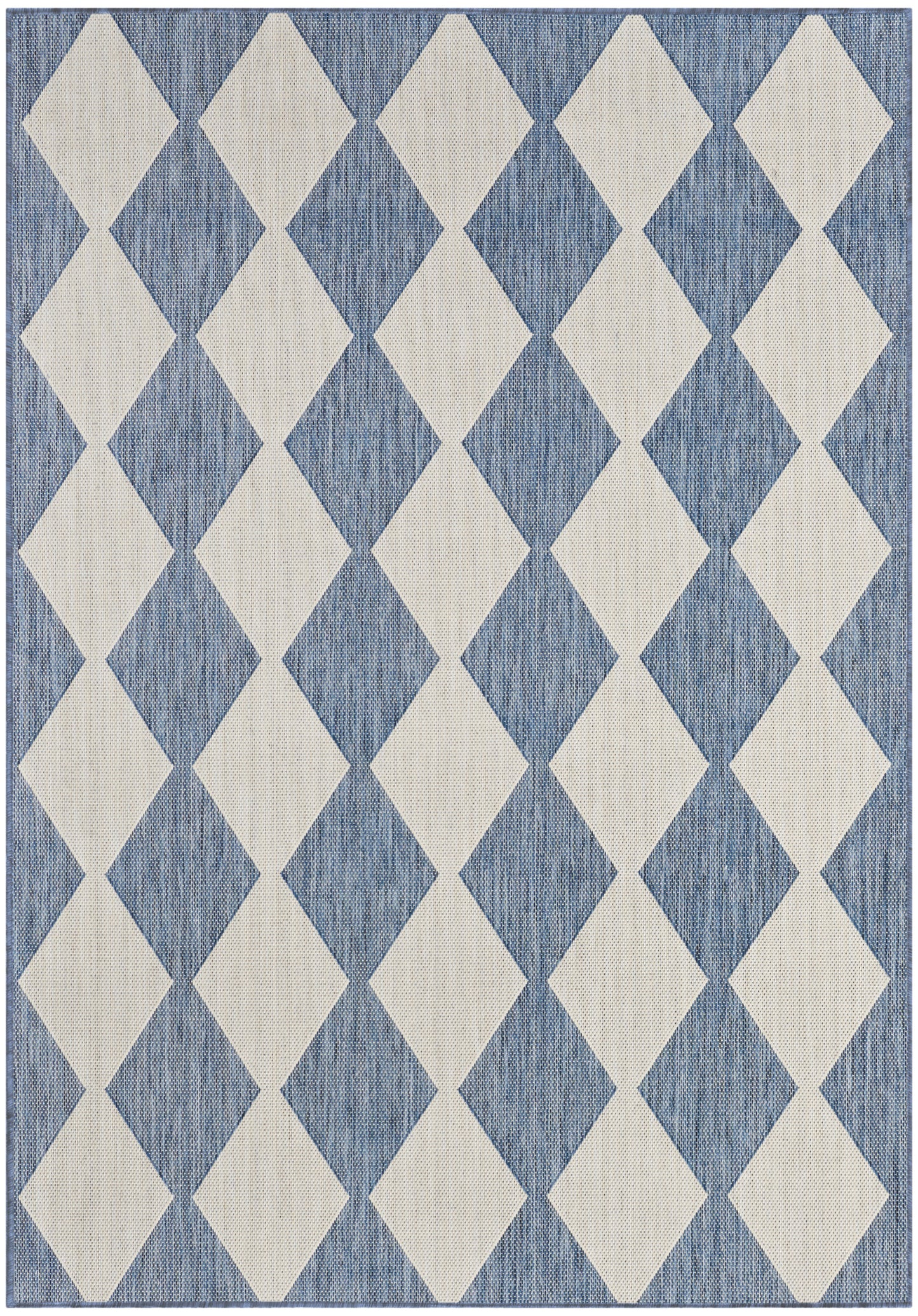 Blue textured rug with cream-beige diamond pattern in a repeating trellis design.
