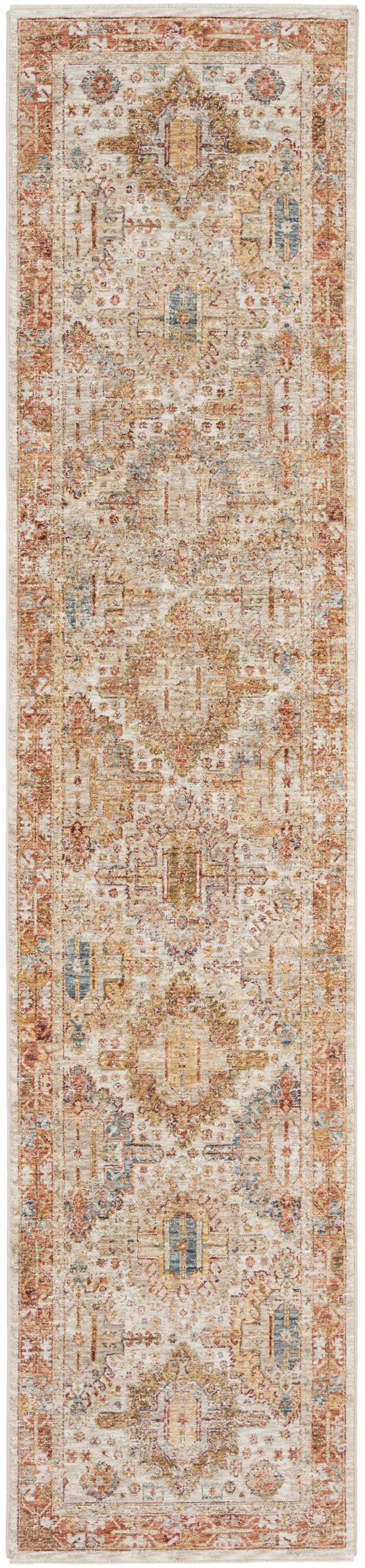 Long oriental runner rug with ivory background, rust-red border and faded blue and gold medallions in a distressed vintage pattern.