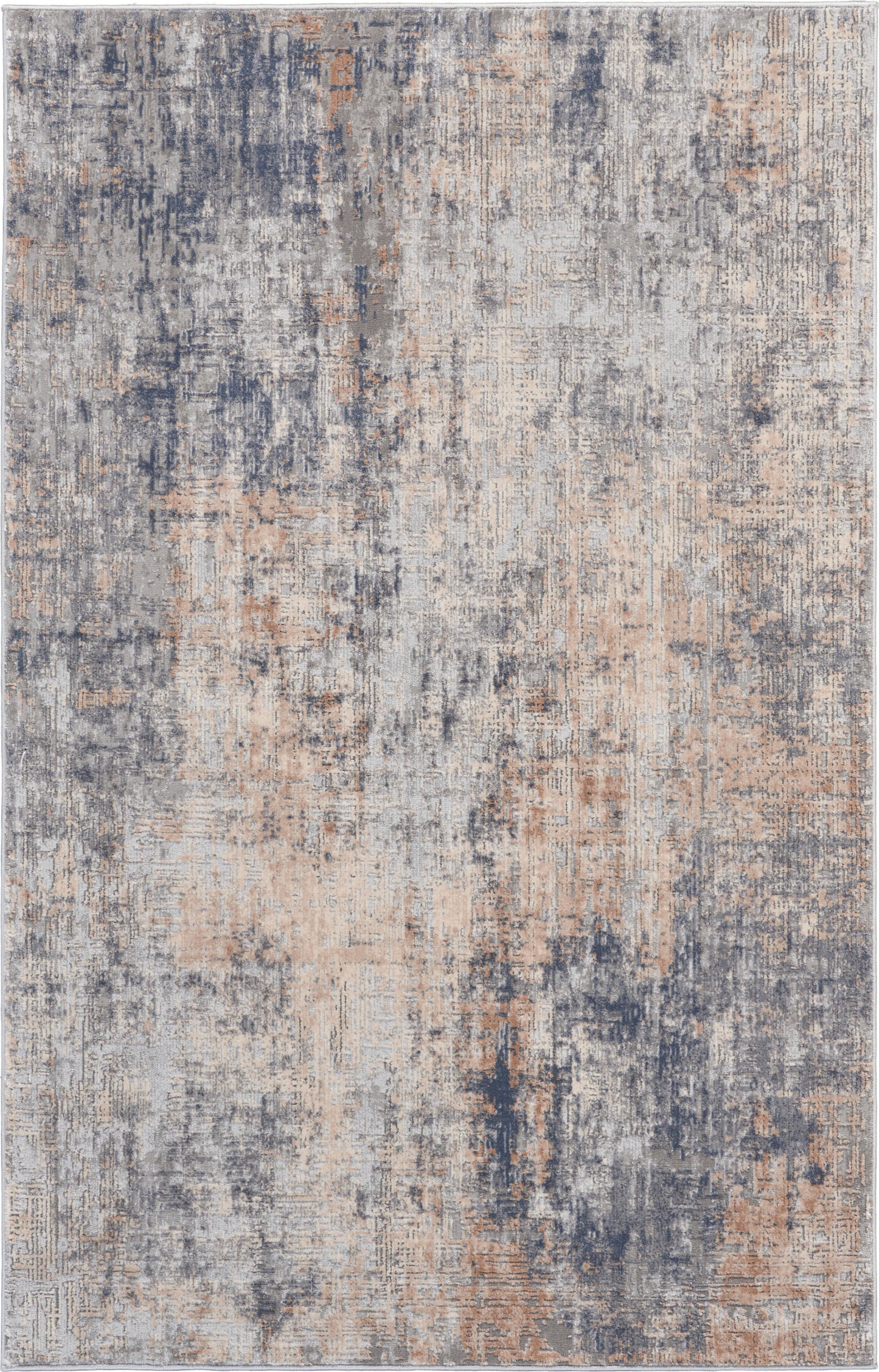 Rectangular abstract area rug with distressed blue-gray and peach tones and muted pattern.
